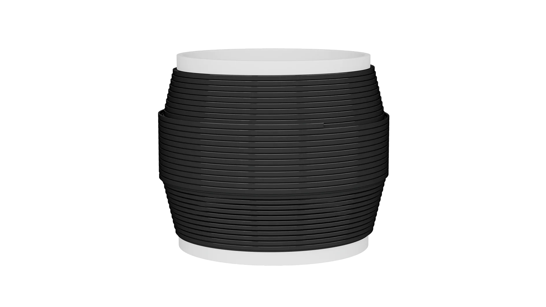 Um recipiente cilíndrico de fita tesa com topo e base brancos, seção central preta com textura estriada, posicionado sobre um fundo branco liso. (This text has been generated by AI)