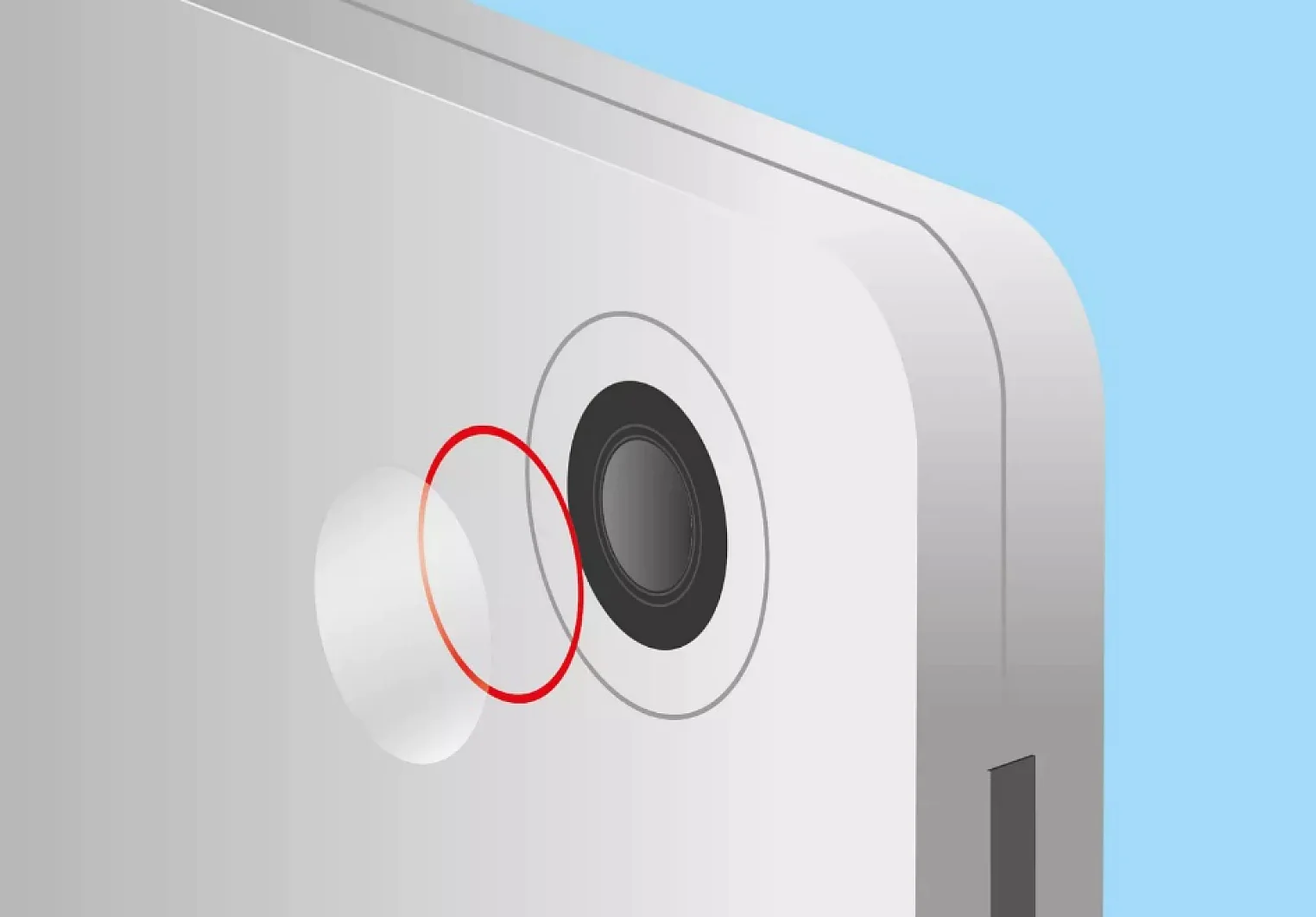 Close-up da lente da câmera traseira de um smartphone em um dispositivo cinza. A imagem destaca a lente com um círculo vermelho, enfatizando o design elegante sobre um fundo azul claro. Uma pequena saliência ao lado da lente também está visível, marcada com fita tesa para proteção adicional. (This text has been generated by AI)