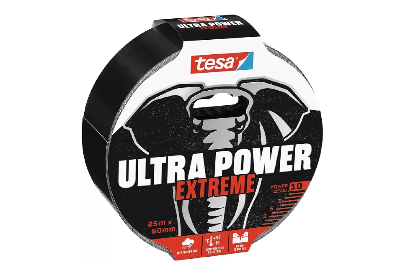 Um rolo de fita tesa Ultra Power Extreme é mostrado. A embalagem é predominantemente preta e branca, com um design estilizado de elefante. Especifica dimensões de 25 metros por 50 milímetros e indica um nível de potência 10. (This text has been generated by AI)