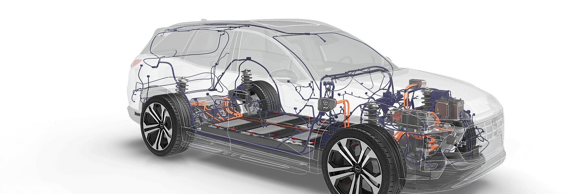 Um SUV transparente mostrando os componentes internos, incluindo a fita tesa na fiação, a bateria, o motor elétrico e outros elementos do trem de força.