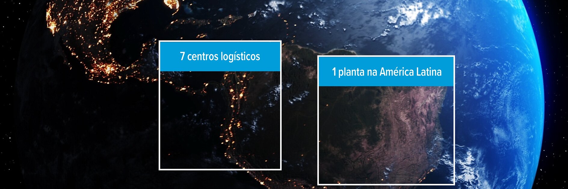 Vista noturna das Américas do Norte e do Sul; caixa da América do Norte: 7 centros logísticos, América do Sul: 1 planta na América Latina.