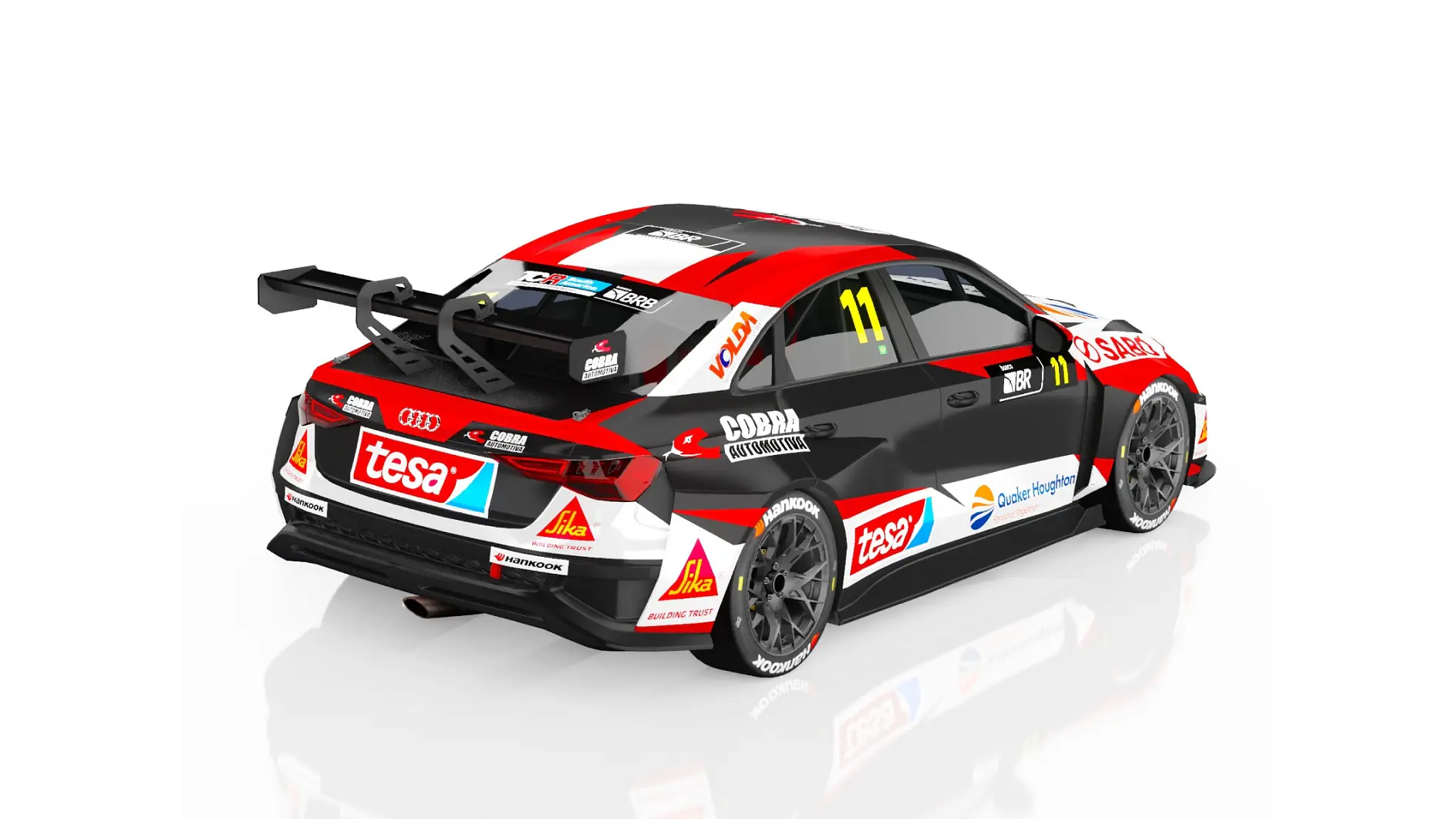 Um carro de corrida Audi preto, vermelho e branco com o número 11 e logotipos da fita tesa, Sika e Audi, visto na traseira esquerda com uma grande asa. (This text has been generated by AI)