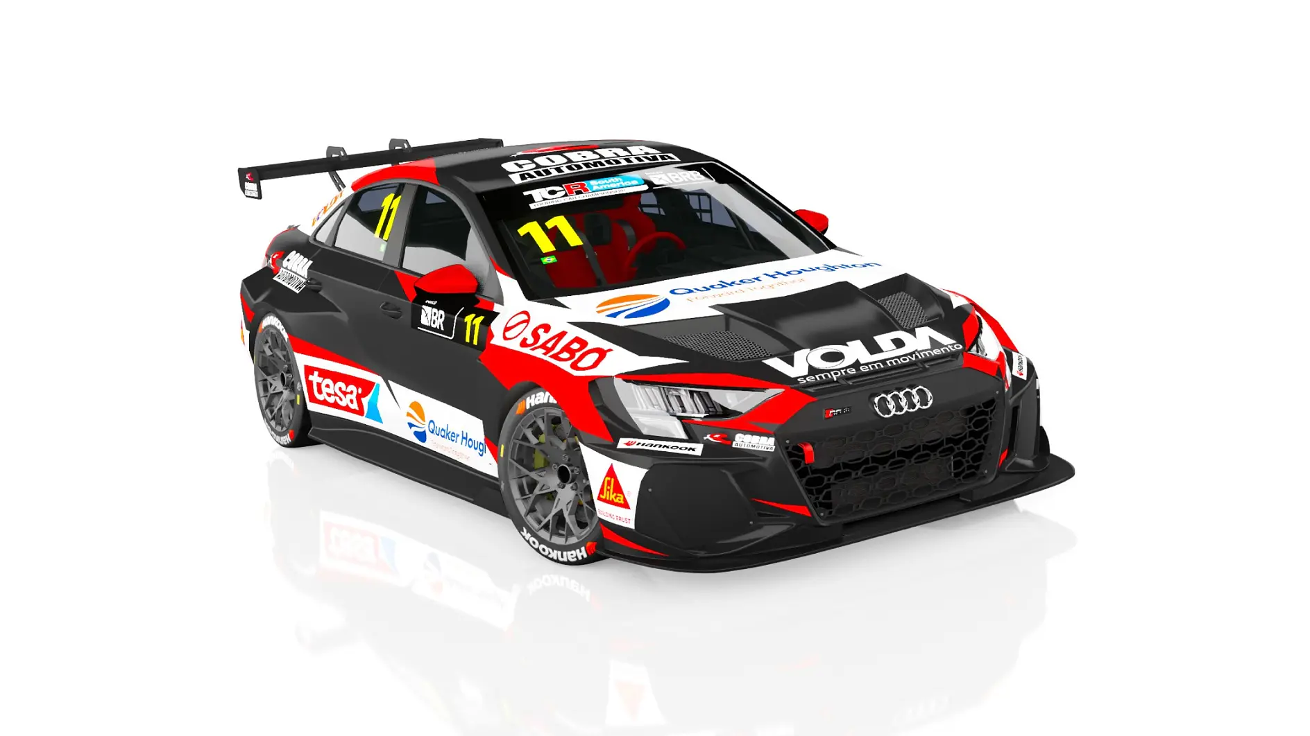 Um carro de corrida Audi preto, vermelho e branco com o número 11 e logotipos de fita tesa, asa traseira grande, pneus de perfil baixo em um fundo branco. (This text has been generated by AI)