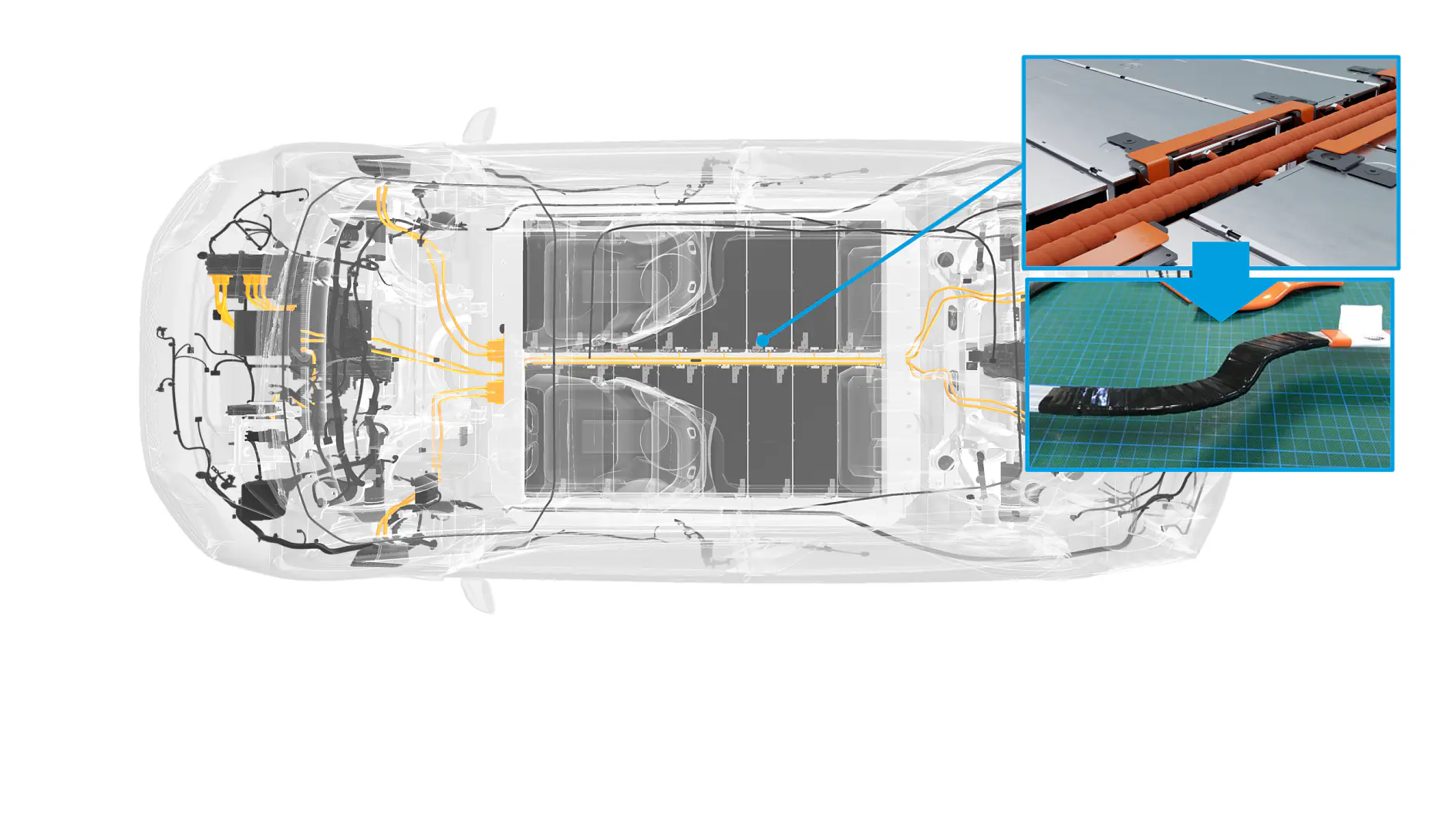 Vista de cima para baixo, semitransparente, da fiação de um veículo elétrico e do layout da bateria; as inserções destacam os cabos laranja e a fiação enrolada com fita tesa. (This text has been generated by AI)
