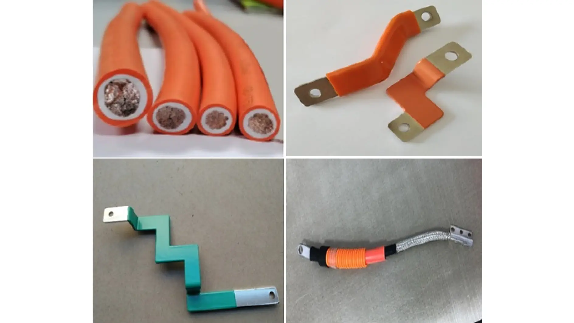 Quatro imagens: cabos elétricos laranja; barramento plano laranja; barramento metálico em ziguezague; cabo com revestimento laranja/preto e extremidades com fita tesa. (This text has been generated by AI)