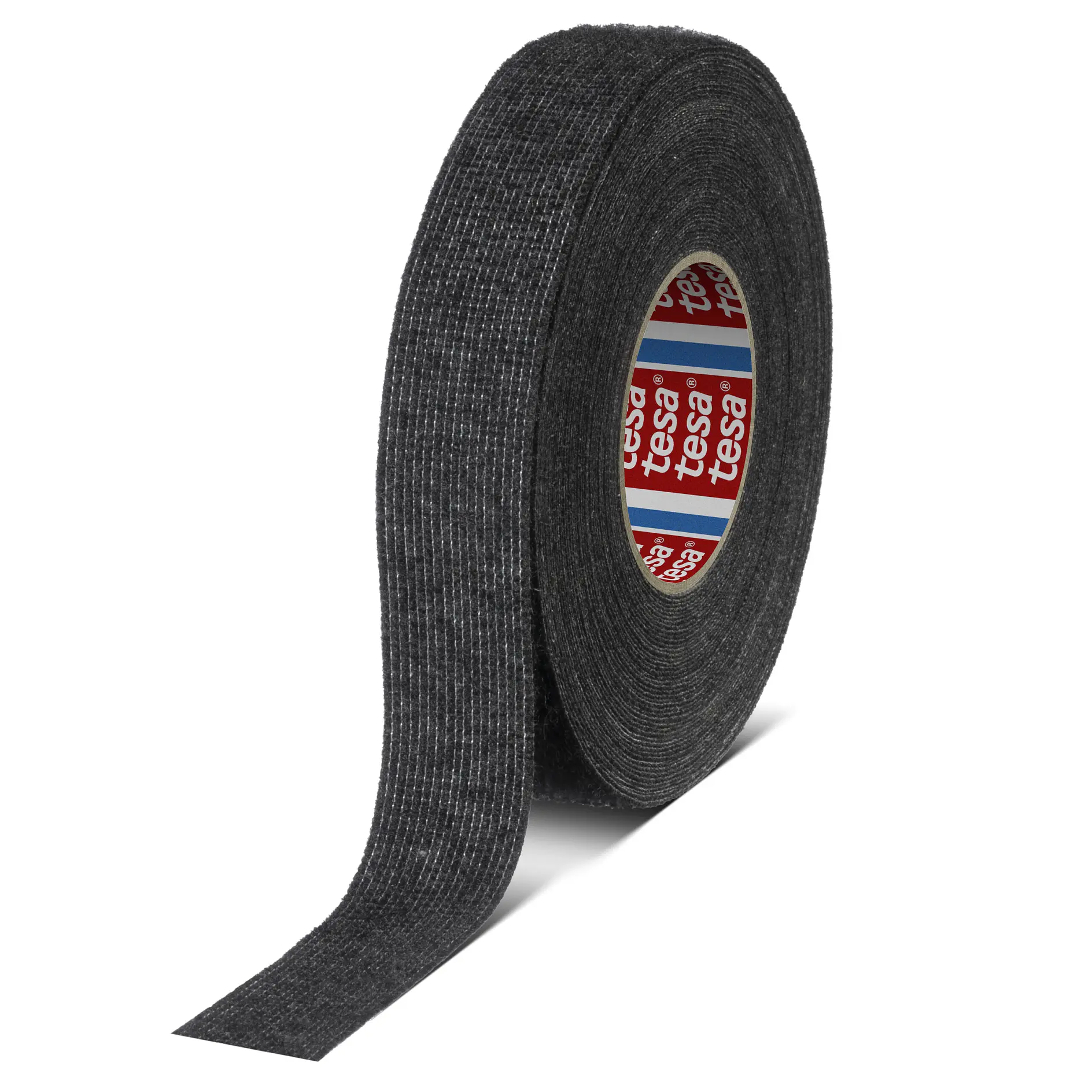 roll of black tesa cloth tape standing upright on white background with a strip partially unrolled (This text has been generated by AI)