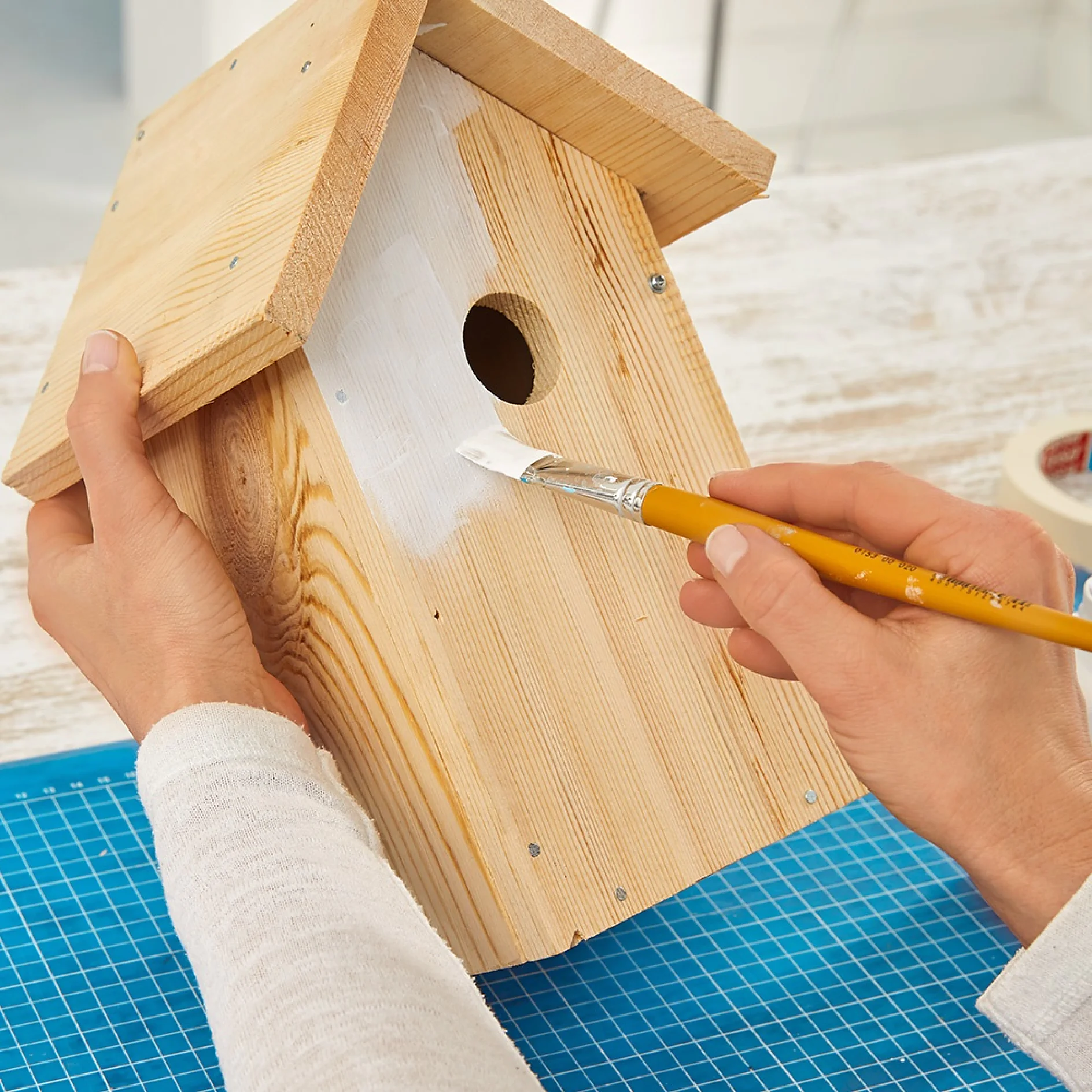 Painting the wooden bird boxes white.