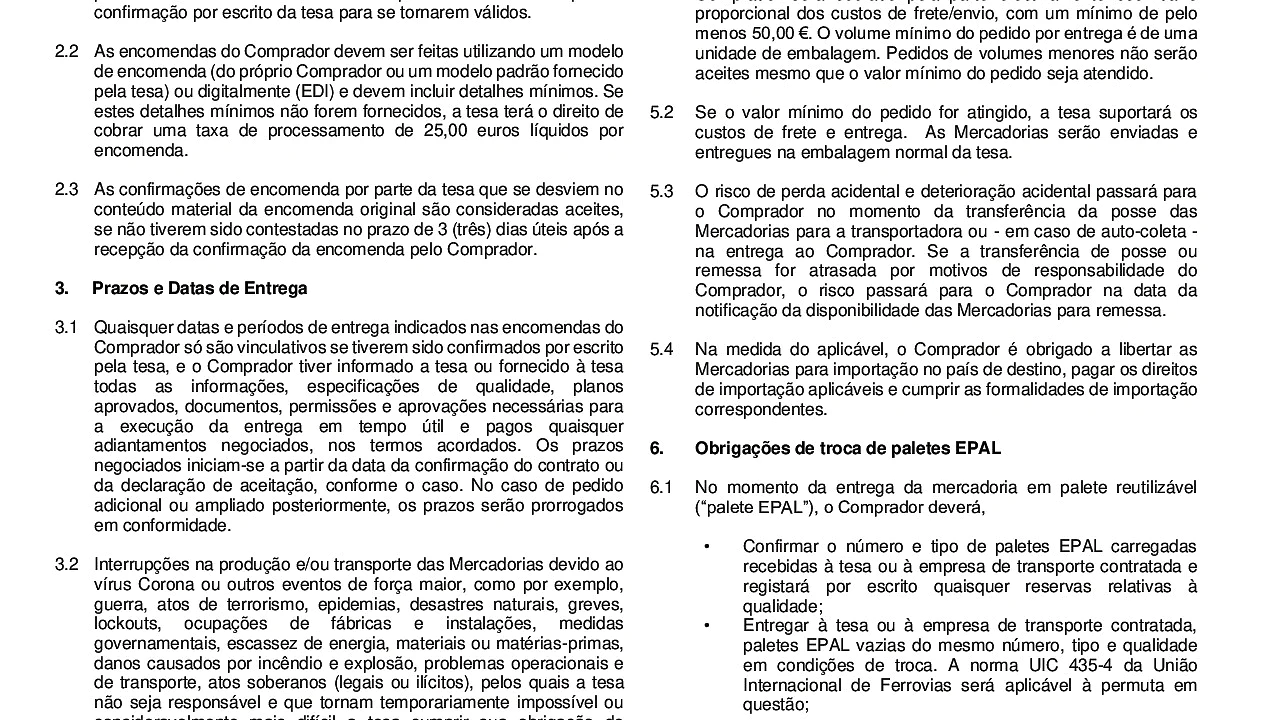 Termos e Condições de Venda e Entrega da tesa Portugal