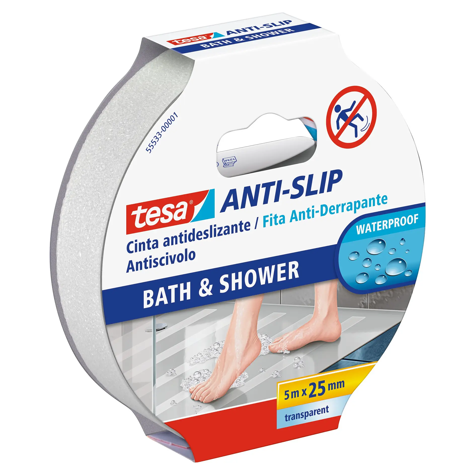 [en-en] tesa Anti-slip tape for bathroom and shower, 5m x 25mm, transparent