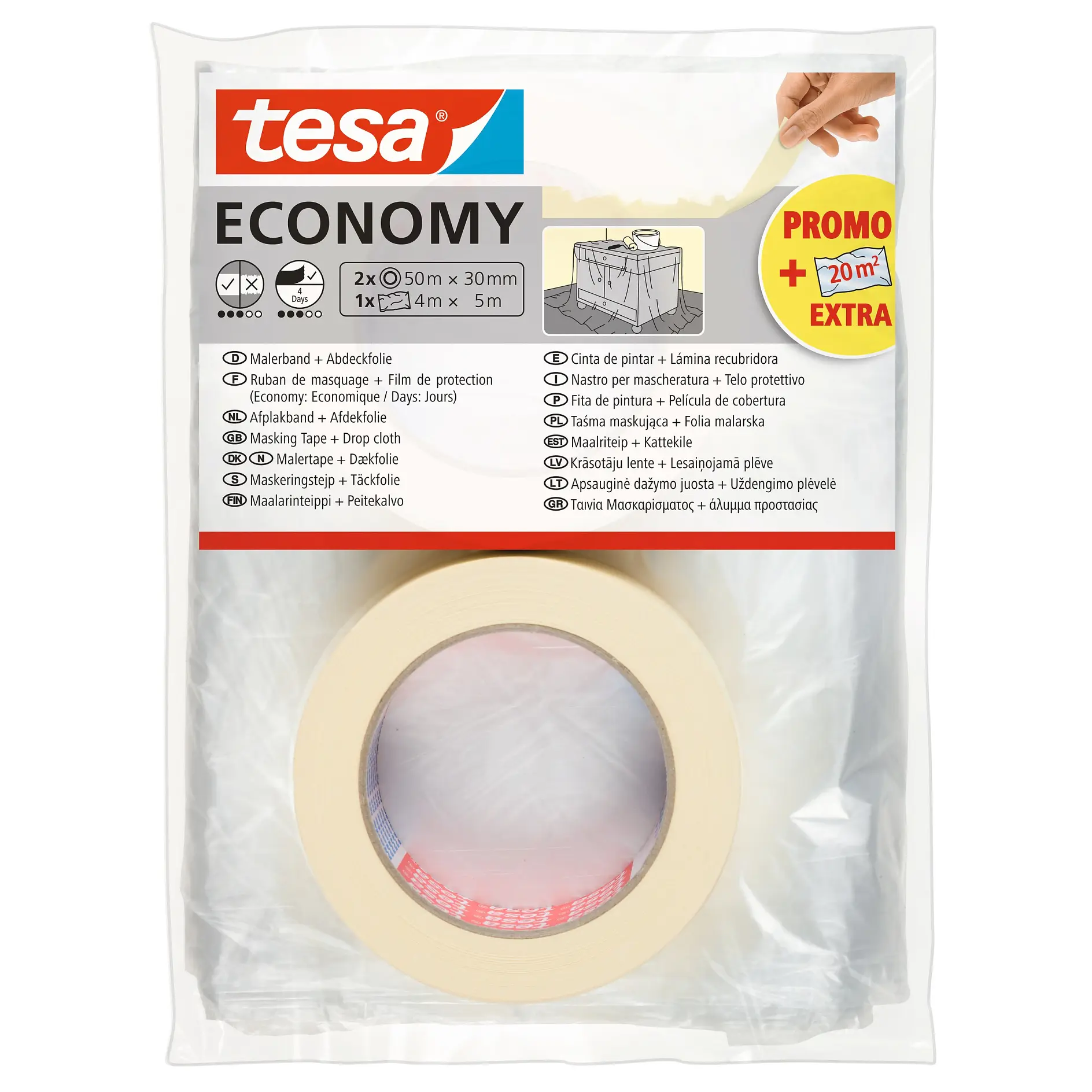 [en-en] tesa Masking Economy, 2x 50m x 30mm + Drop Cloth (OP=20), PROMO&nbsp;