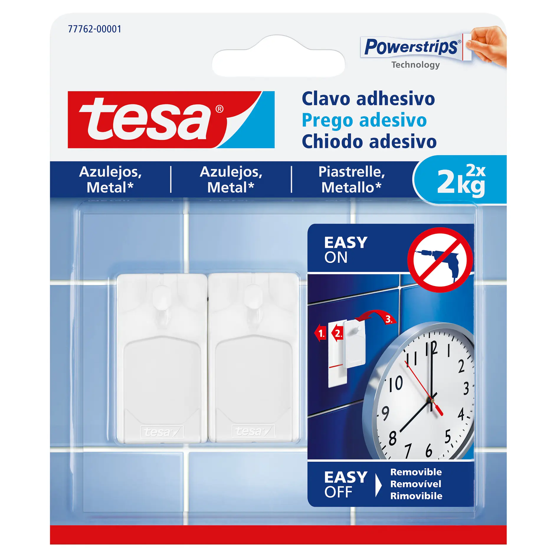 tesa adhesive hooks for tiles and metal, removable and reusable, holding up to 2x2kg, shown with a clock on a tiled wall. (This text has been generated by AI)