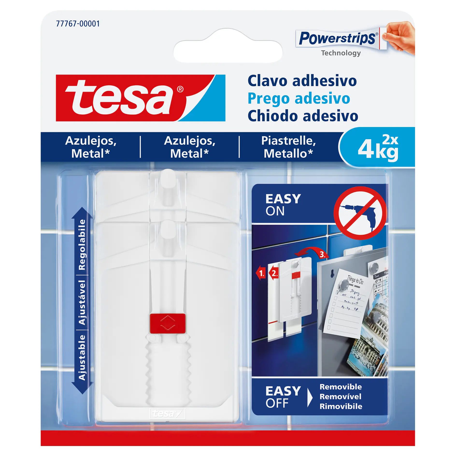 tesa adhesive hook with powerstrips technology for metal tiles, holds up to 4kg, removable and reusable, shown in retail packaging (This text has been generated by AI)