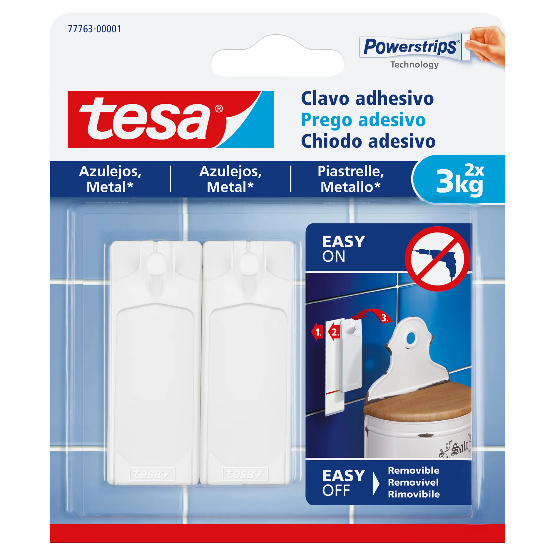 tesa adhesive hooks for tiles and metal surfaces, removable, holds up to 3kg, indoor use, includes 2 hooks with mounting strips (This text has been generated by AI)