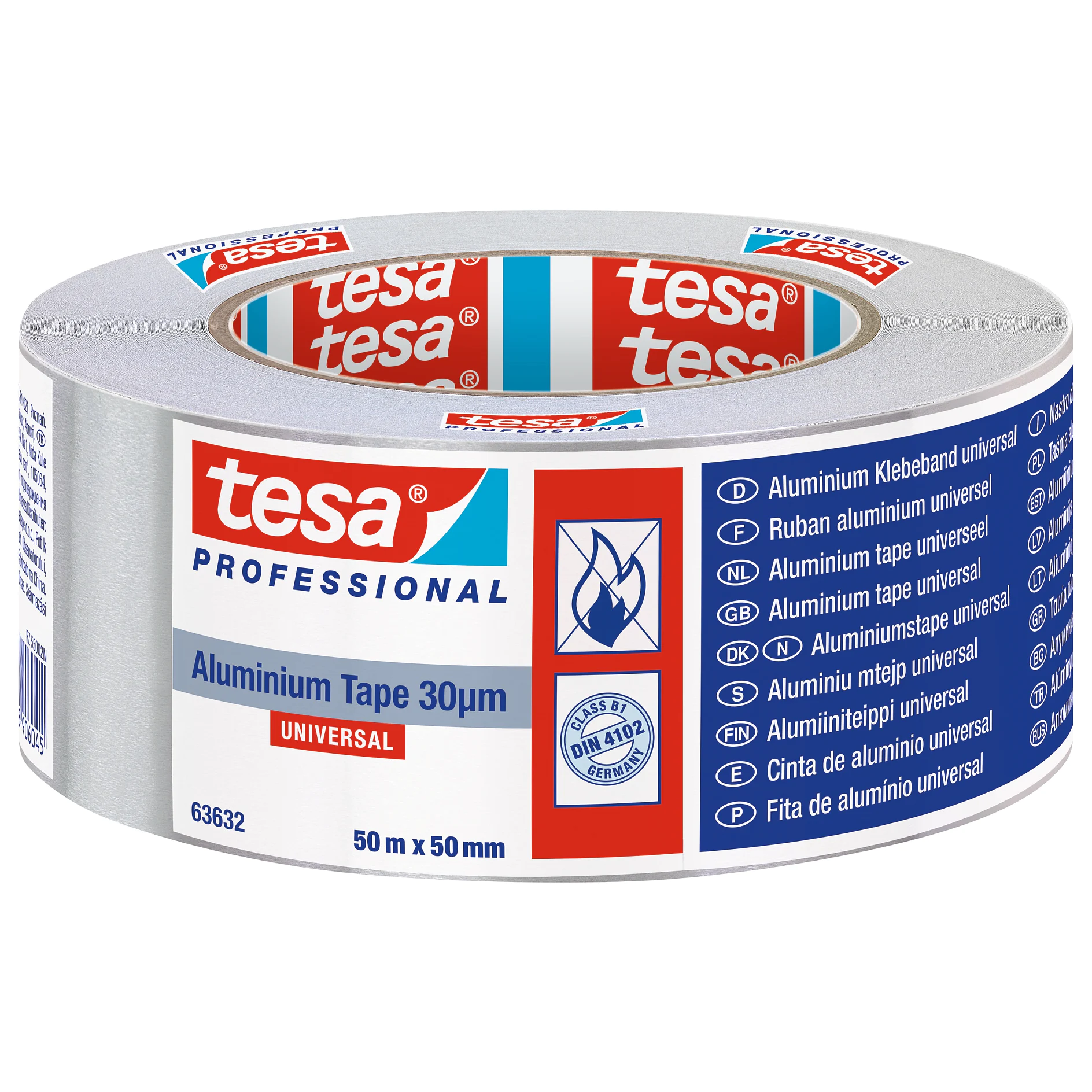 Roll of tesa professional aluminum tape 30µm, 50mm x 50m, with product branding and usage icons on the label. (This text has been generated by AI)