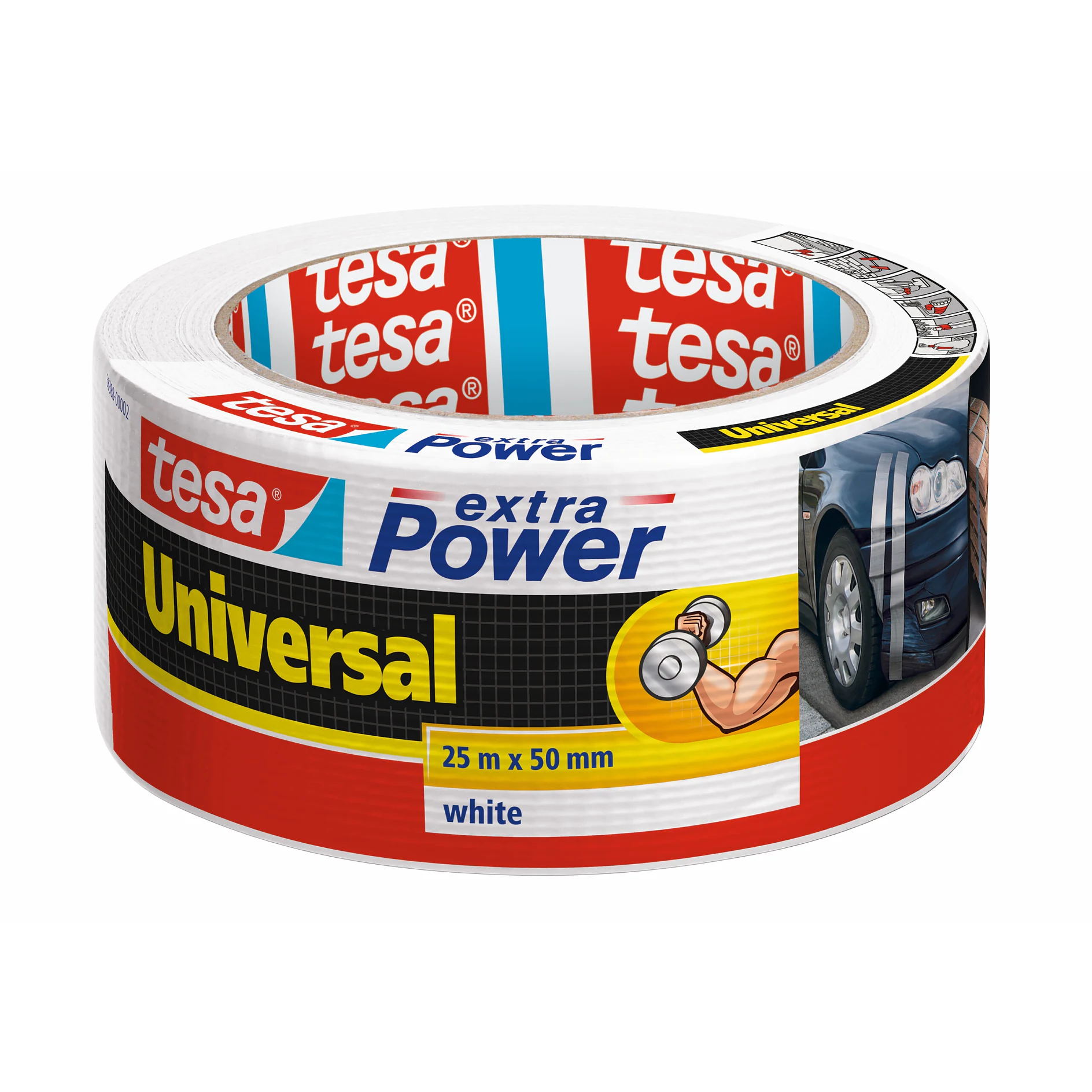roll of tesa extra power universal white adhesive tape, 25m x 50mm, shown against a white background (This text has been generated by AI)