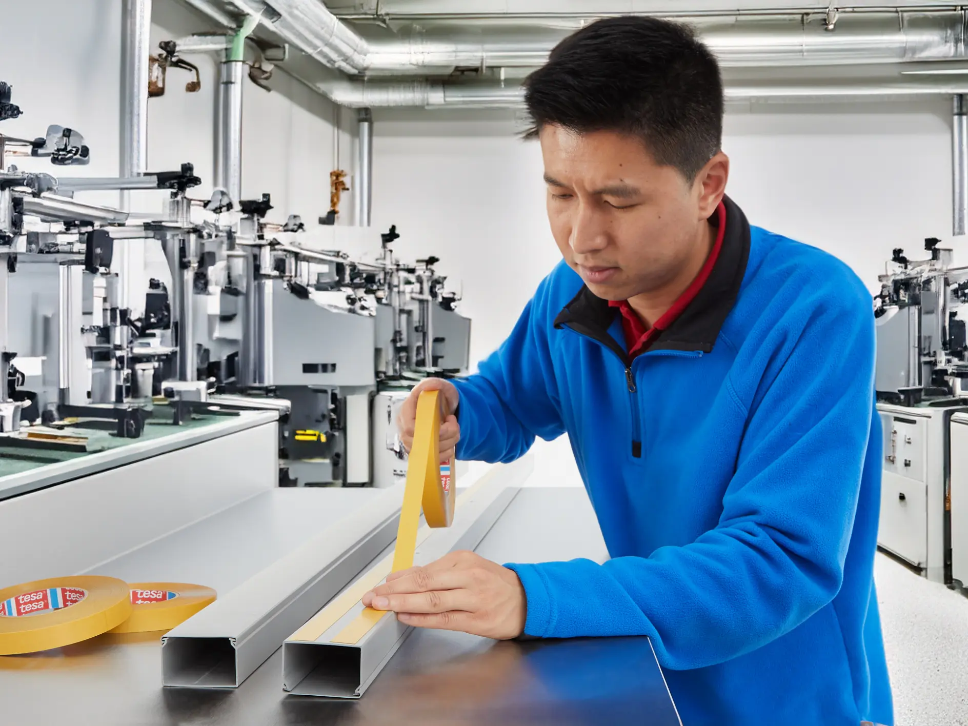 A person in a blue jacket applies tesa tape to a metal beam in a laboratory filled with mechanical equipment. Rolls of tesa tape are visible on the table.