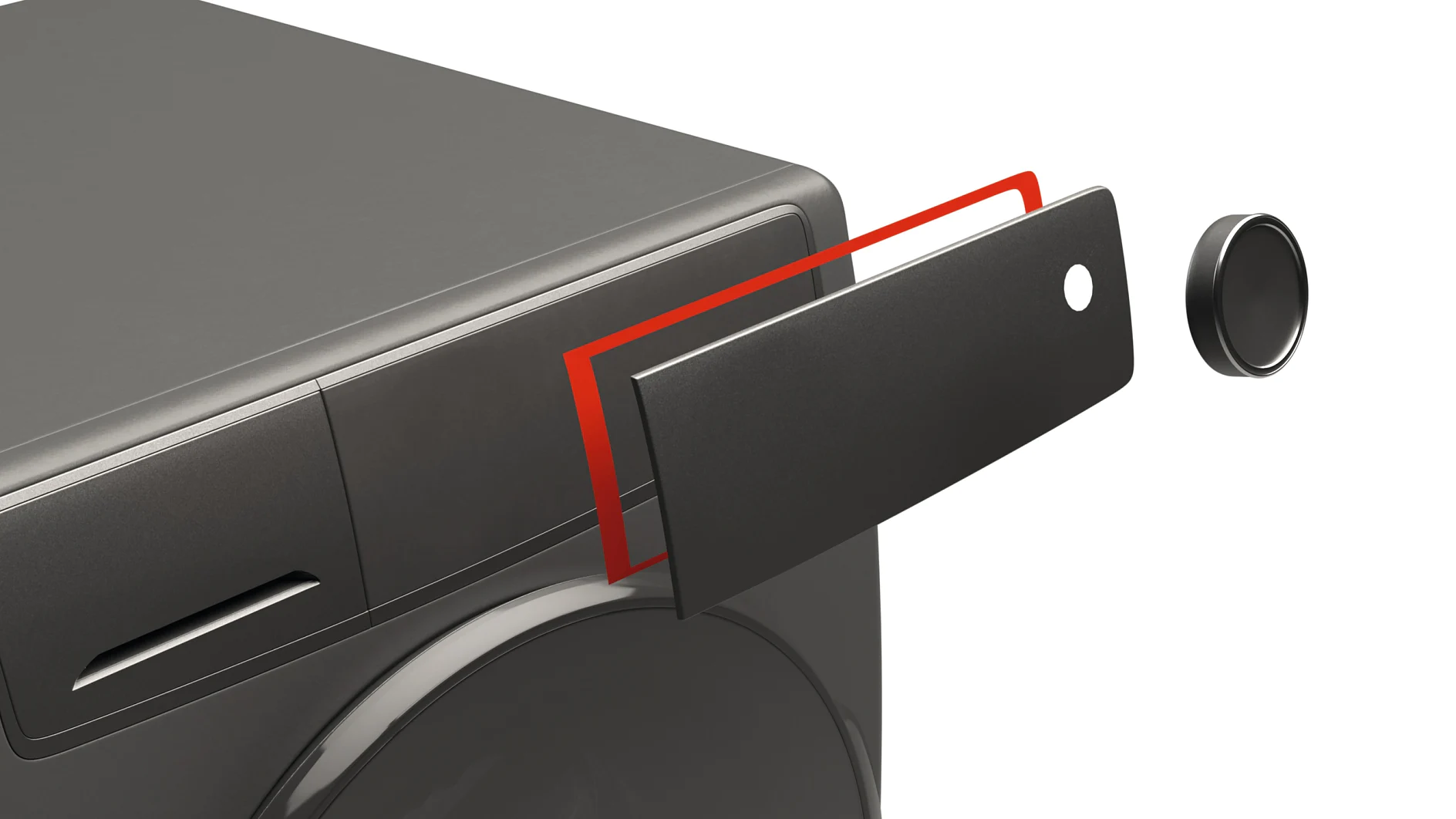 black rectangular panel with a circular hole detached from a gray washing machine in a minimal indoor setting (This text has been generated by AI)