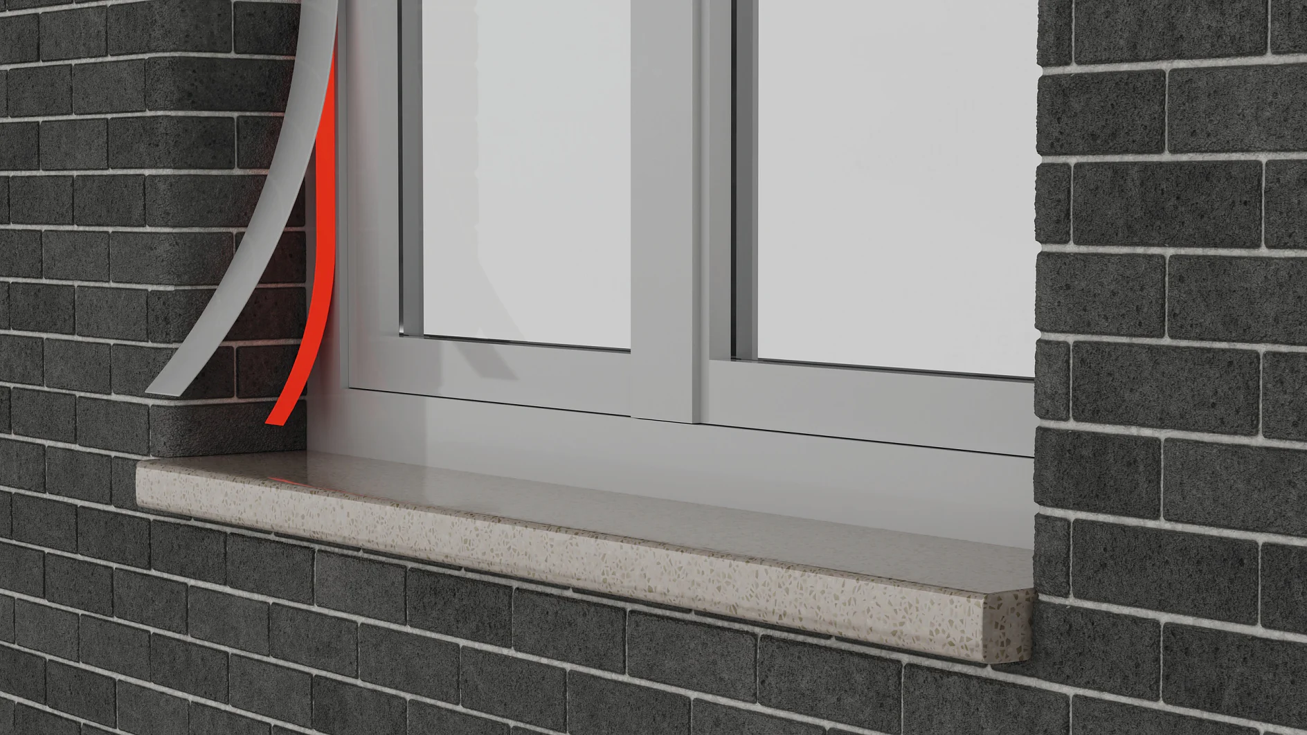 gray brick wall with a closed white window and a beige stone windowsill in an outdoor setting tesa seal strip partially peeled back on the left side (This text has been generated by AI)