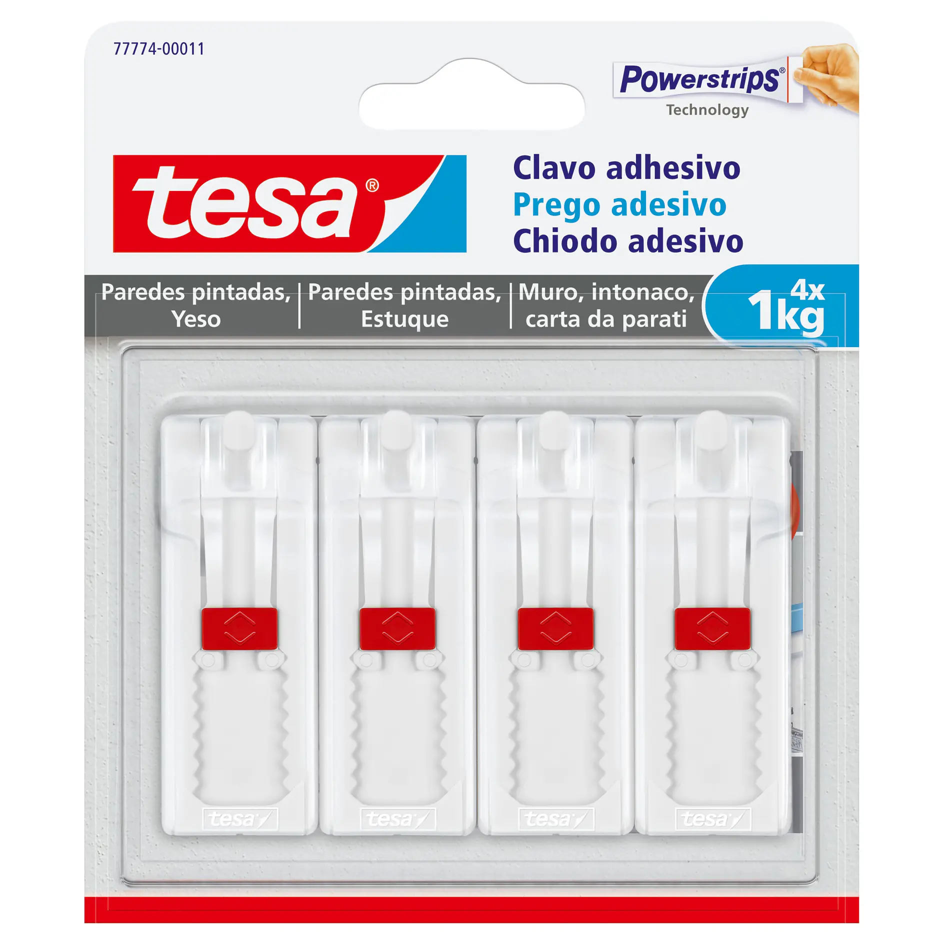 tesa adhesive nails pack with four white nails and red tips, designed for hanging on painted walls, plaster, and drywall, displayed in retail packaging. (This text has been generated by AI)