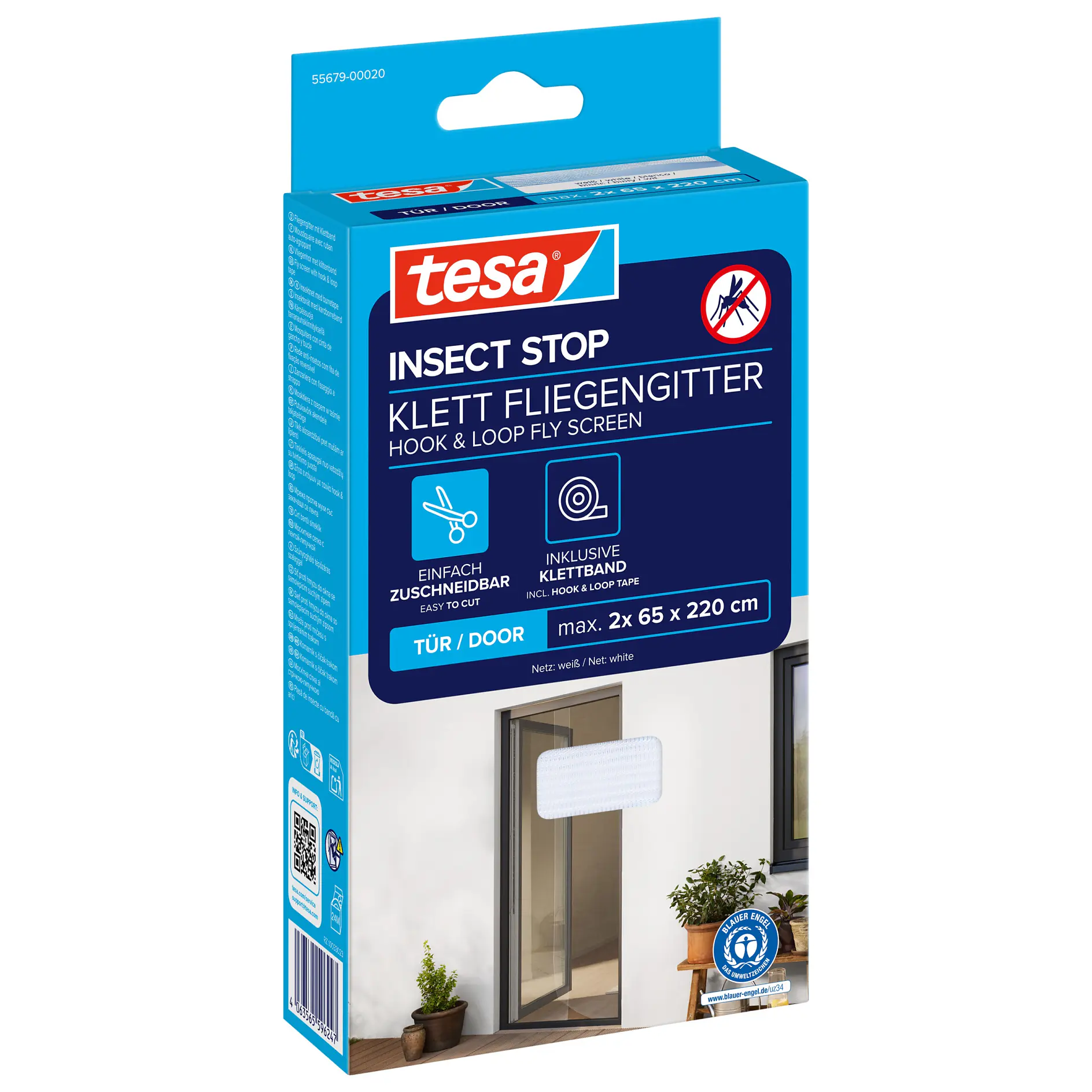 tesa insect stop hook and loop fly screen for doors, blue packaging with product image and key features displayed (This text has been generated by AI)