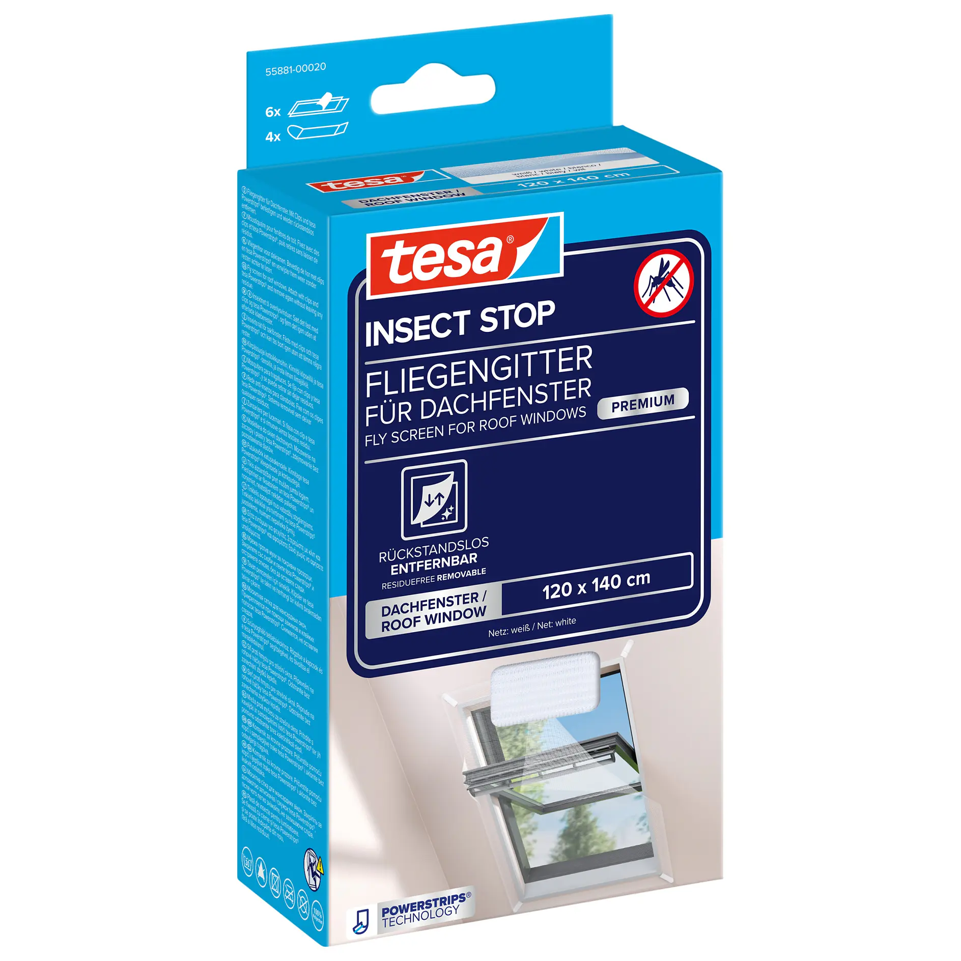 tesa insect stop fly screen for roof windows, blue packaging box showing product use on an open roof window indoors (This text has been generated by AI)