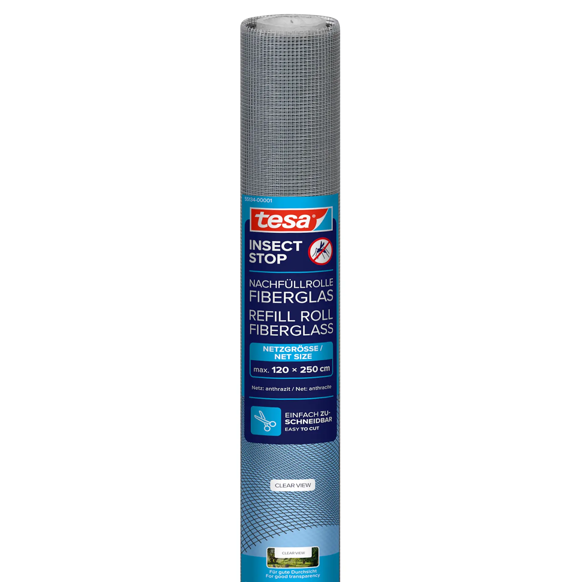 tesa insect stop mothproofing fiberglass refill roll for window screens, gray mesh roll standing upright on white background (This text has been generated by AI)