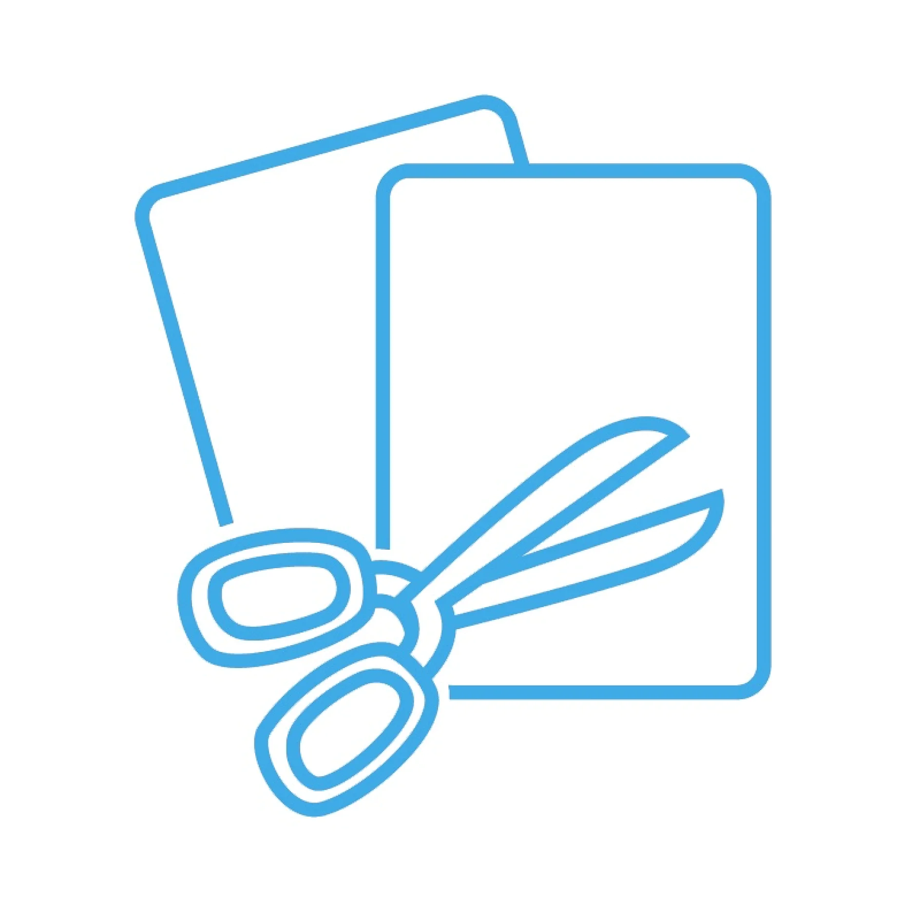 A simple blue line drawing of two overlapping sheets of paper and a pair of scissors, suggesting a cutting or crafting activity using tesa tape. (This text has been generated by AI)