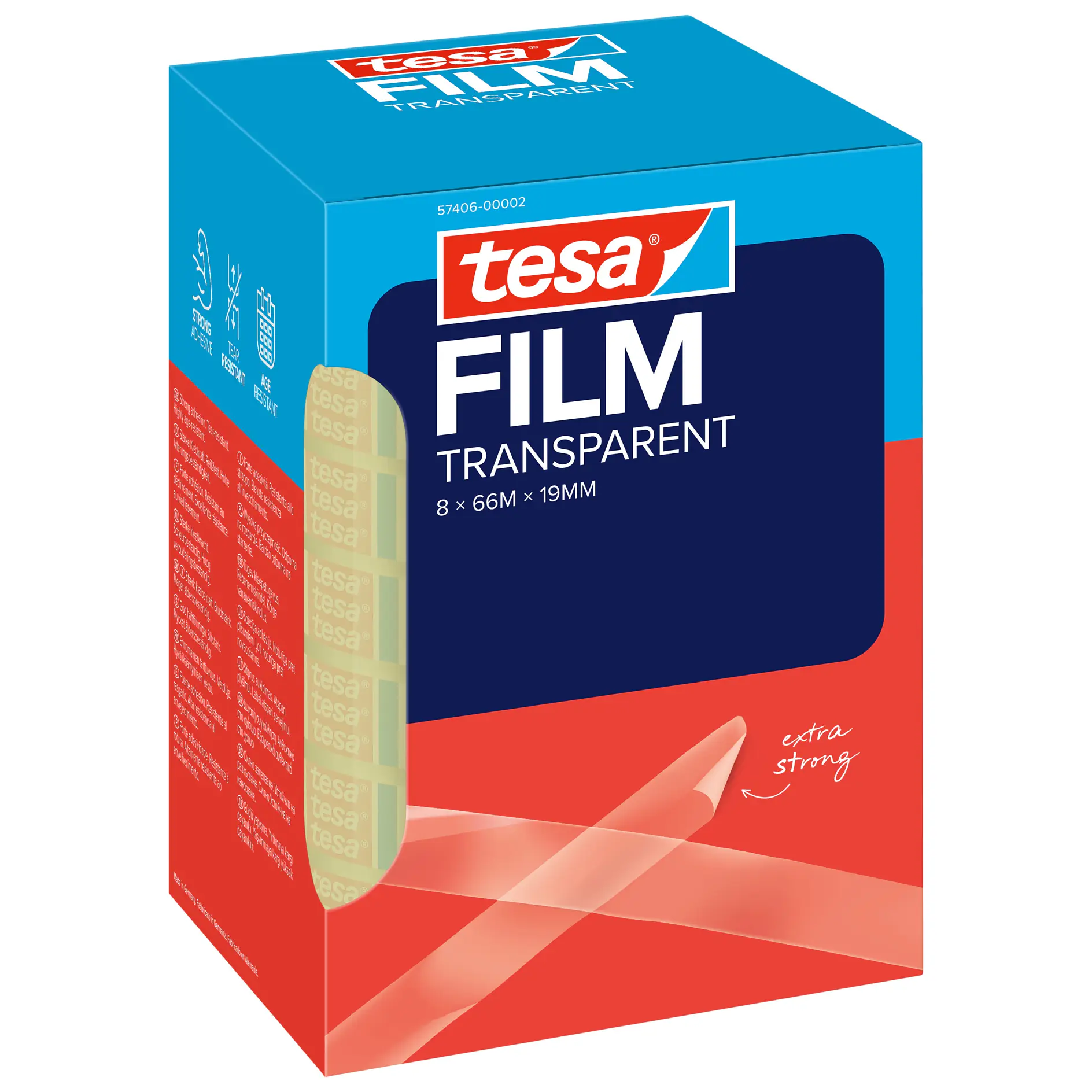 tesa transparent film tape box with a roll of tape shown on the side, packaging in blue and red colors, isolated on white background (This text has been generated by AI)