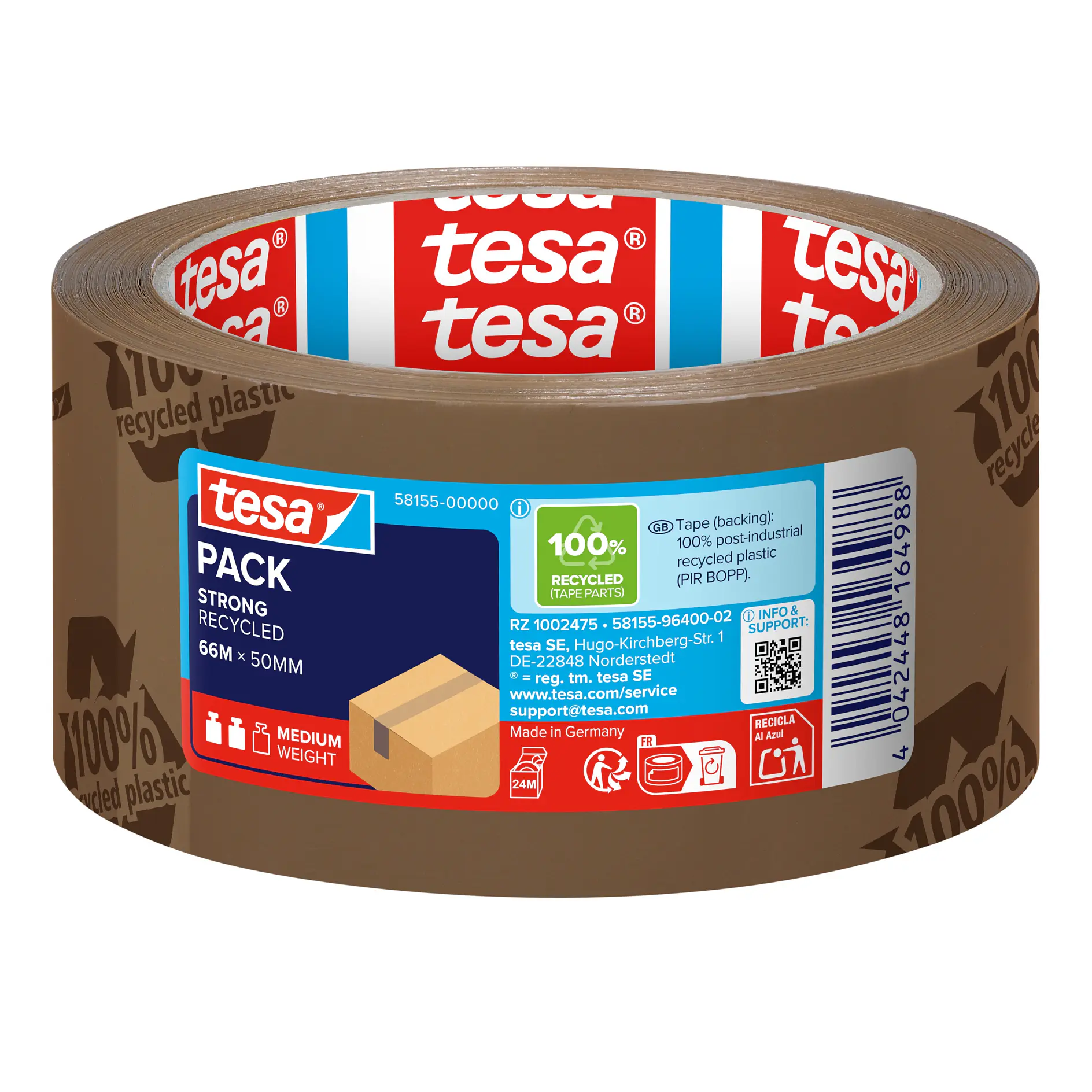 tesa branded brown packing tape roll with product label showing size and usage details on white background (This text has been generated by AI)
