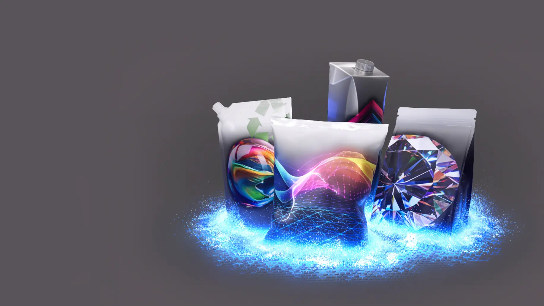 Uma coleção de designs de embalagens sobre um fundo escuro, com padrões vibrantes e coloridos de ondas e formas geométricas. As embalagens estão envoltas por uma aura azul brilhante, criando um efeito chamativo, utilizando fita tesa para realçar a apresentação. (This text has been generated by AI)