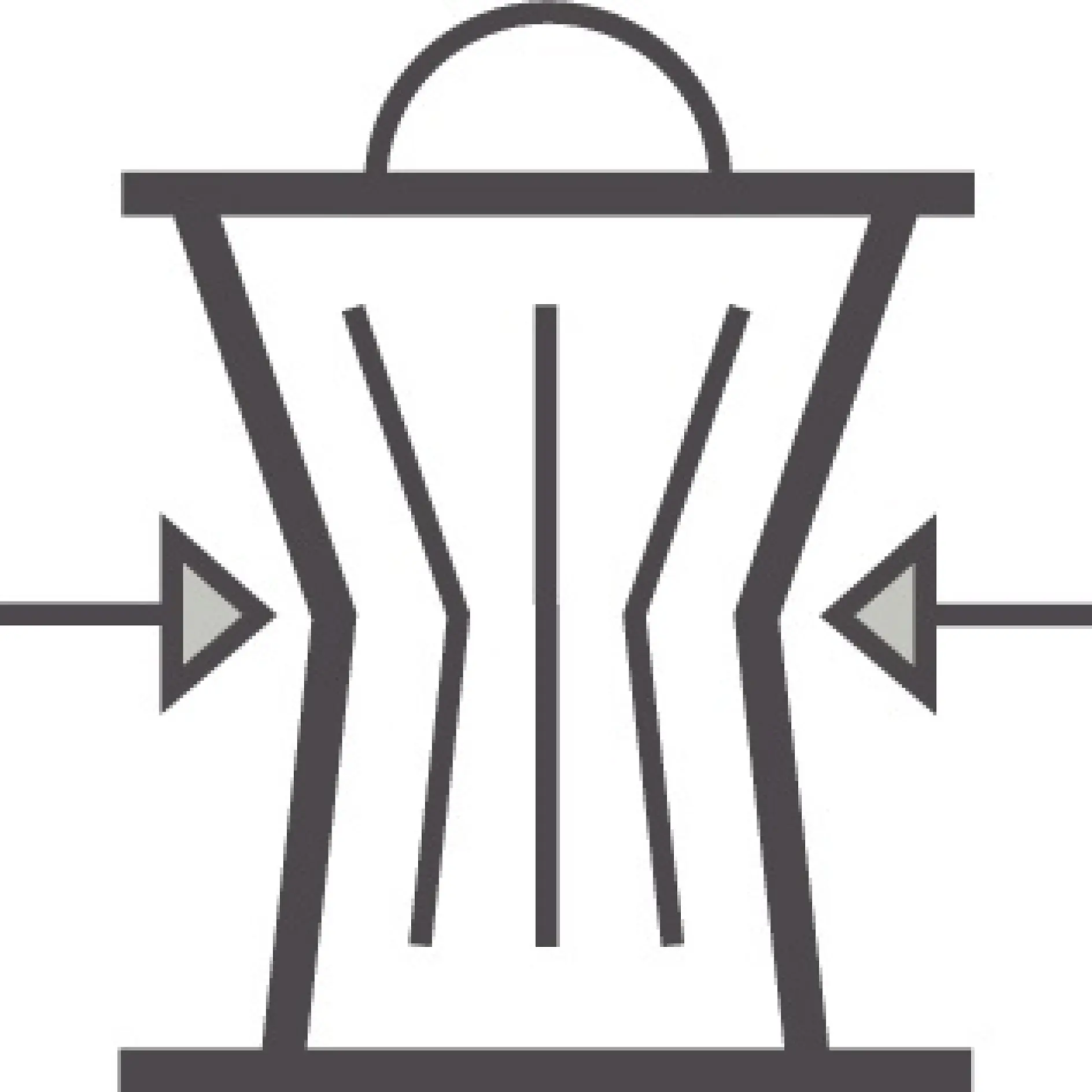 Uma ilustração minimalista, a preto e branco, de um logótipo em forma de seta apontando para um corpete estilizado. O corpete apresenta linhas verticais e uma cintura curva e ajustada, com um semicírculo no topo que se assemelha a uma pega. Setas apontam para o interior em ambos os lados, realçando o design elegante. (This text has been generated by AI)
