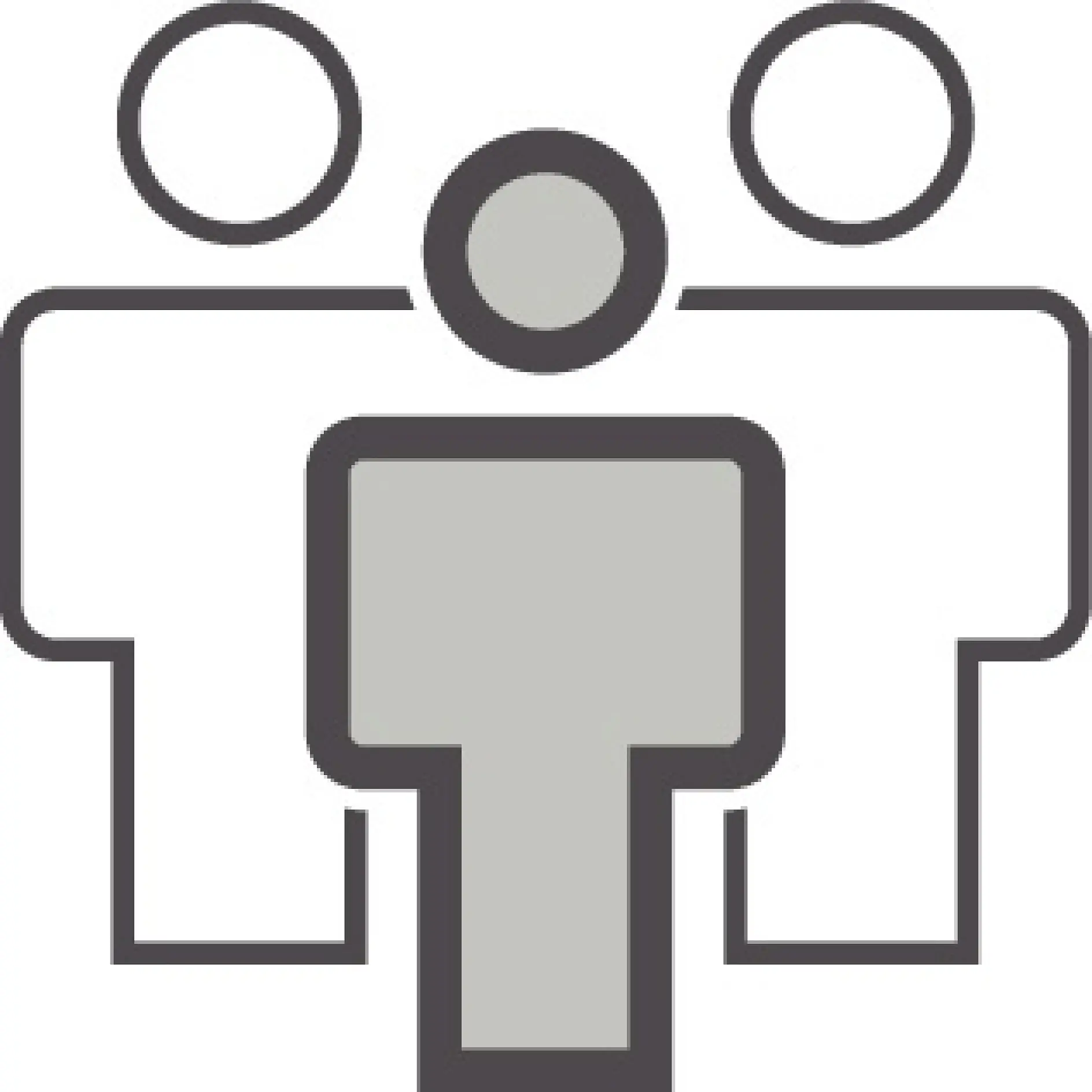 Ilustração geométrica abstrata que representa três figuras humanas estilizadas. A figura central está preenchida com uma cor cinza-claro, enquanto as figuras laterais são delineadas a preto. O design incorpora formas minimalistas que se intersectam, e todos os elementos estão fixos com fita tesa para um acabamento limpo. (This text has been generated by AI)