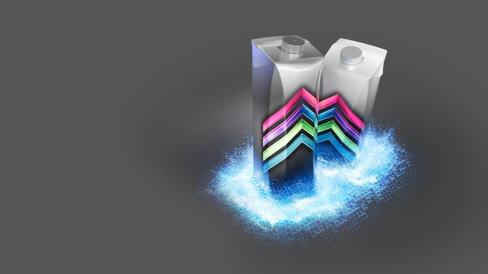 São mostrados dois pacotes metálicos com tampas sobre um fundo cinzento. Eles têm riscas coloridas em ziguezague em rosa, azul e verde. Uma aura azul e brilhante envolve as bases das embalagens, criando um efeito visual dinâmico. (This text has been generated by AI)