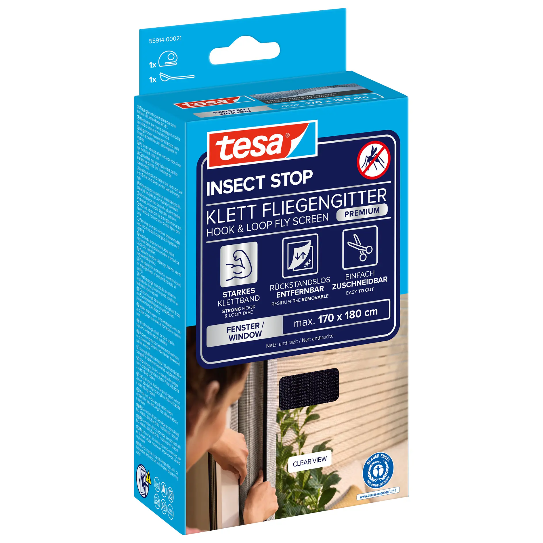 tesa insect stop hook and loop fly screen packaging showing product features and installation on a door frame in an indoor setting (This text has been generated by AI)