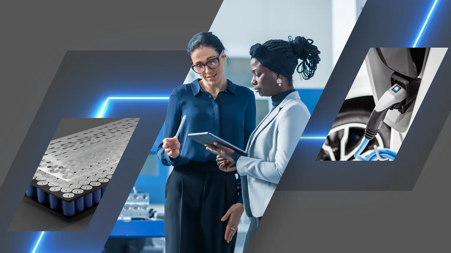 Two professionals are reviewing information on a tablet. To the left, an image of a grid-like metallic structure is displayed, and to the right, a close-up of a car wheel using tesa tape for secure attachment. The background is gray with blue accents.