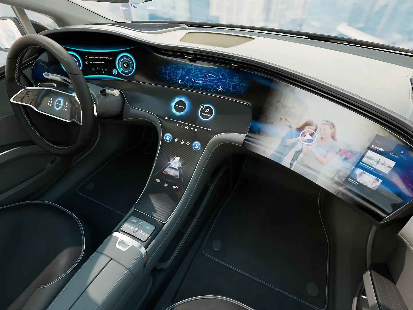 Futuristic car dashboard featuring a sleek design with a digital steering wheel, multiple touch screens displaying controls and entertainment content, and a panoramic view of a cityscape through the windows. Elements are seamlessly adhered using tesa tape for an immaculate finish. (This text has been generated by AI)