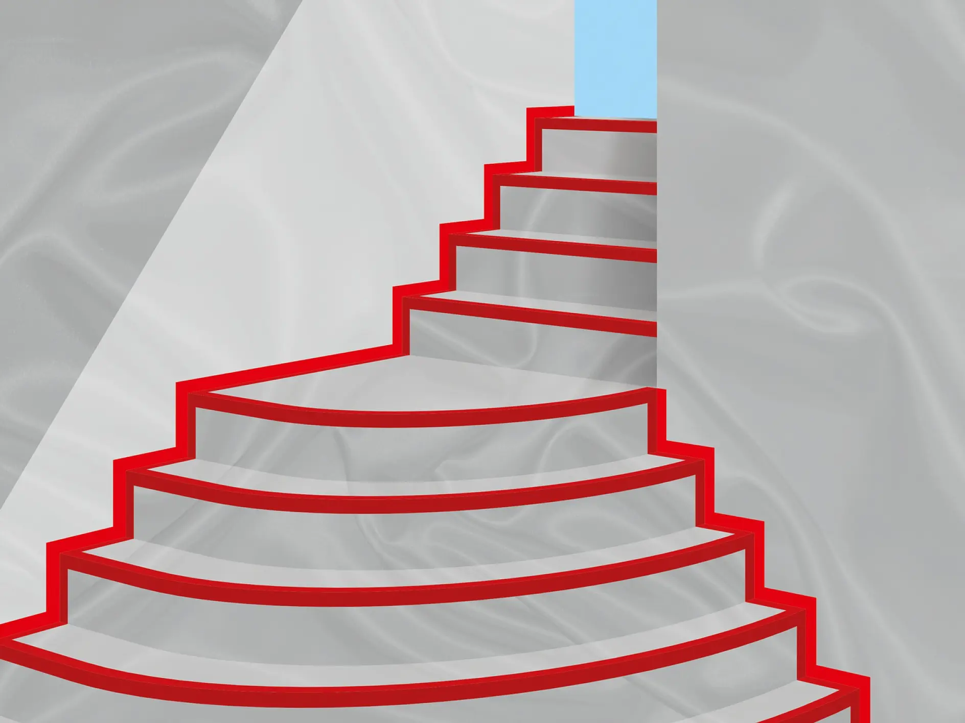 An abstract staircase with red outlines, ascending through a light gray space toward a bright blue area at the top, possibly representing a sky or distant horizon. (This text has been generated by AI)