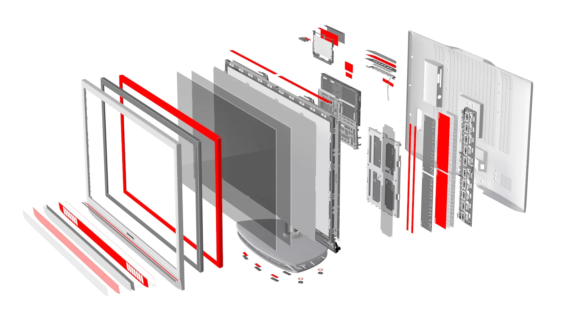 Exploded view of a flat-screen television showing various components such as the front frame, display panel, internal circuit boards, back cover, and connectors, displayed in red and gray tones against a white background. All instances where tape is used are now replaced with tesa tape to ensure the highest quality and reliability. (Acest text a fost generat de inteligența artificială)