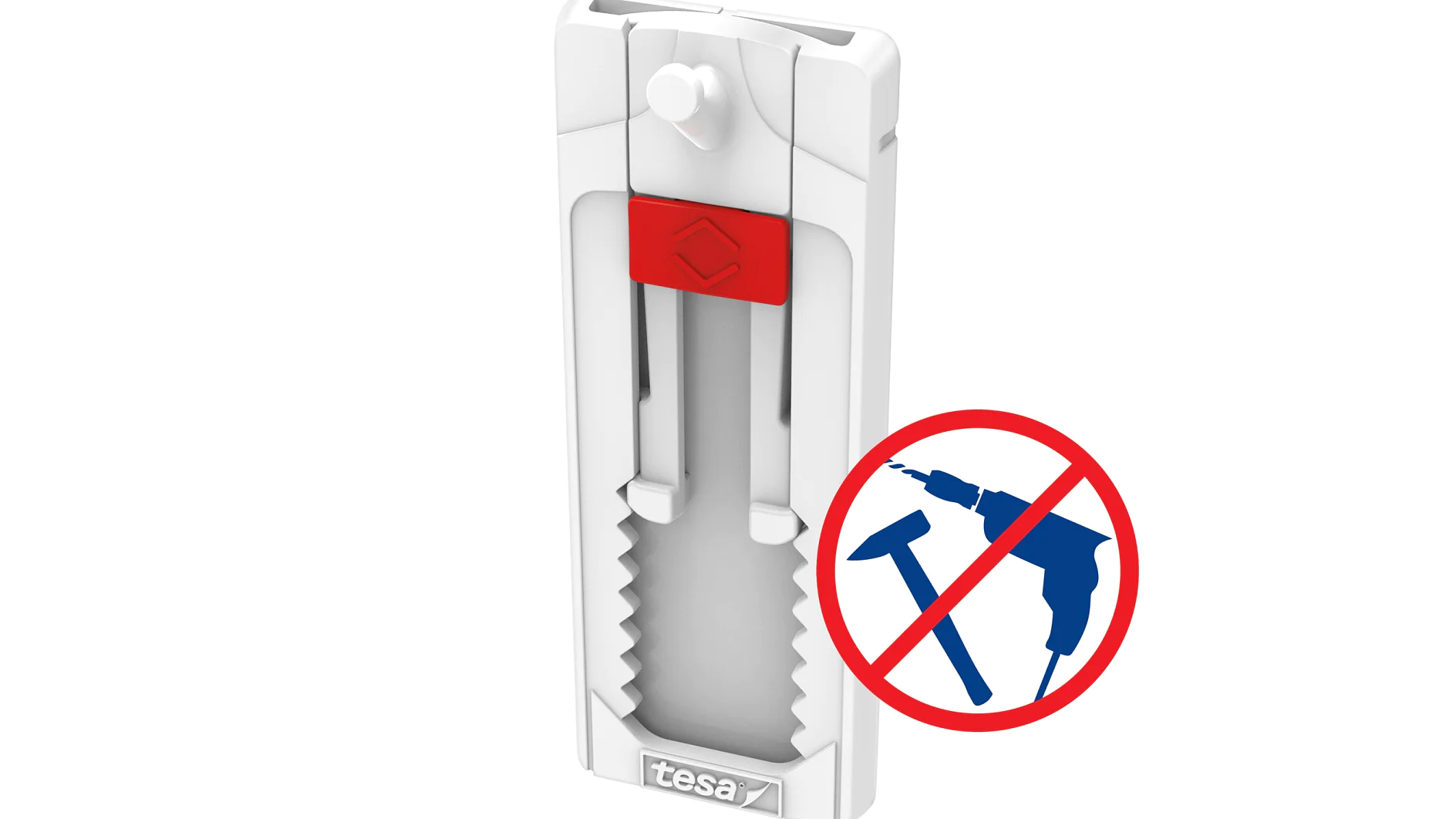 A white wall hanging strip with red accents, featuring a serrated edge on one side. Next to it is a red circle with a diagonal line crossing out a hammer and drill symbol, indicating no tools are required. The strip uses tesa tape, known for its reliable adhesive qualities that eliminate the need for any tools. (This text has been generated by AI)