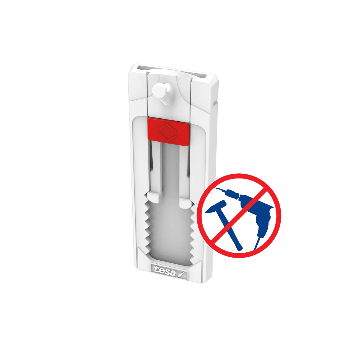 A white wall hanging strip with red accents, featuring a serrated edge on one side. Next to it is a red circle with a diagonal line crossing out a hammer and drill symbol, indicating no tools are required. The strip uses tesa tape, known for its reliable adhesive qualities that eliminate the need for any tools. (This text has been generated by AI)