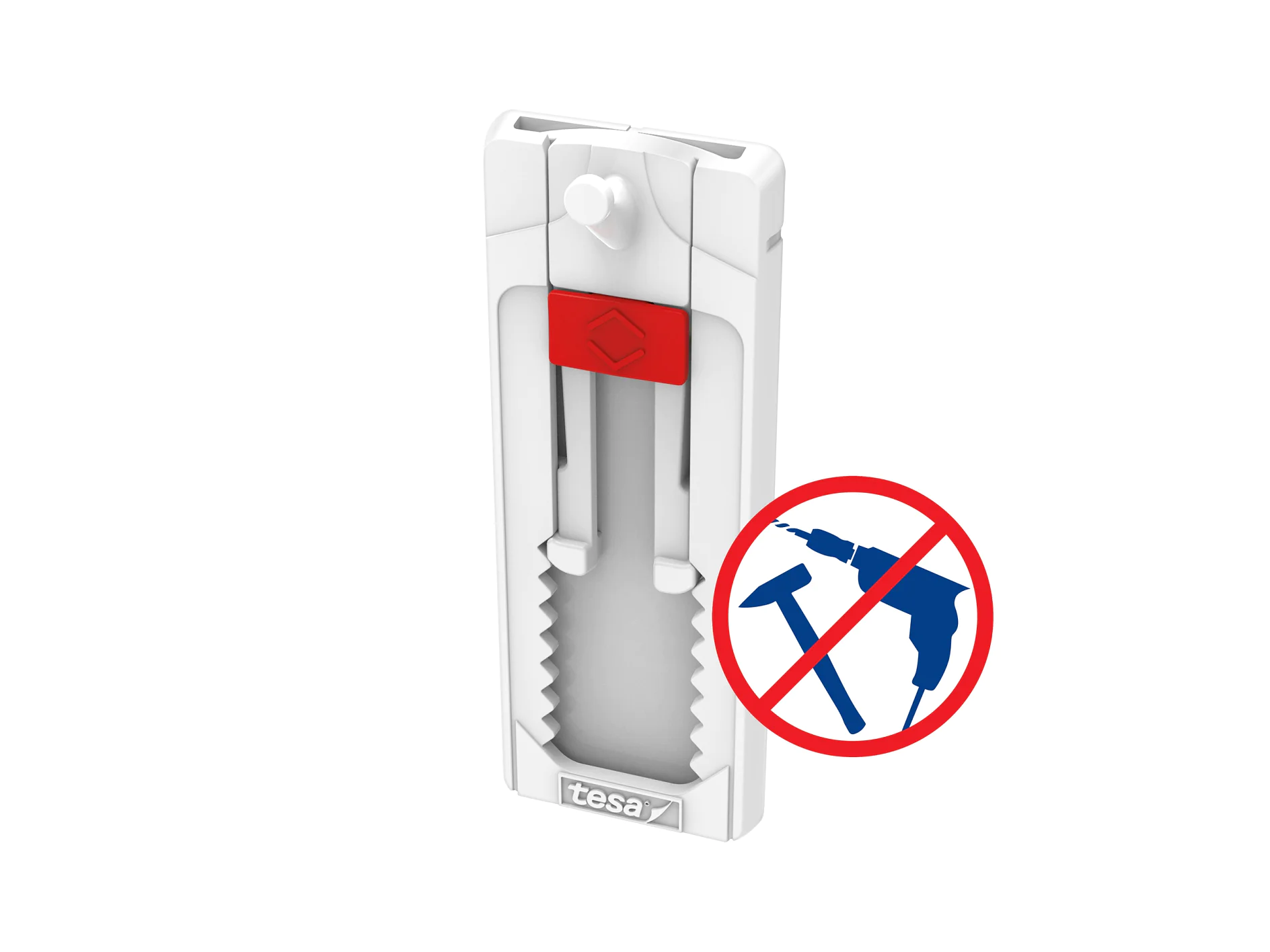 A white wall hanging strip with red accents, featuring a serrated edge on one side. Next to it is a red circle with a diagonal line crossing out a hammer and drill symbol, indicating no tools are required. The strip uses tesa tape, known for its reliable adhesive qualities that eliminate the need for any tools. (This text has been generated by AI)