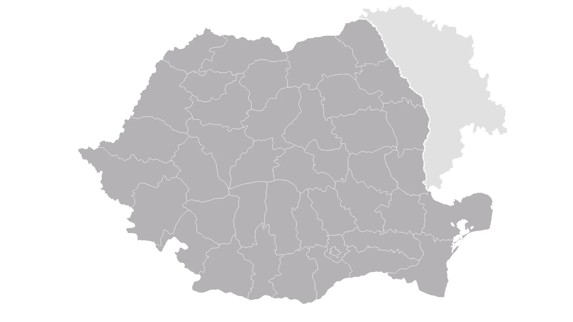 Harta României arătând conturul său teritorial cu granițele interne marcate. Moldova este vizibilă la nord-est, umbrită în gri deschis, ceea ce indică faptul că se află în afara focusului principal al hărții. (This text has been generated by AI)