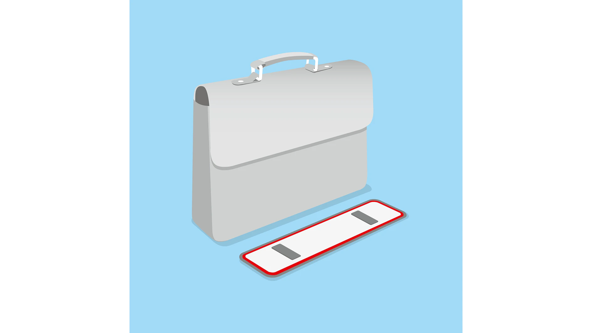 Illustration of a gray briefcase on a light blue background with a nameplate beside it. The briefcase has a simple design with a handle and two buckles, and the nameplate features tesa tape in rectangular form with a red border. (Acest text a fost generat de inteligența artificială)