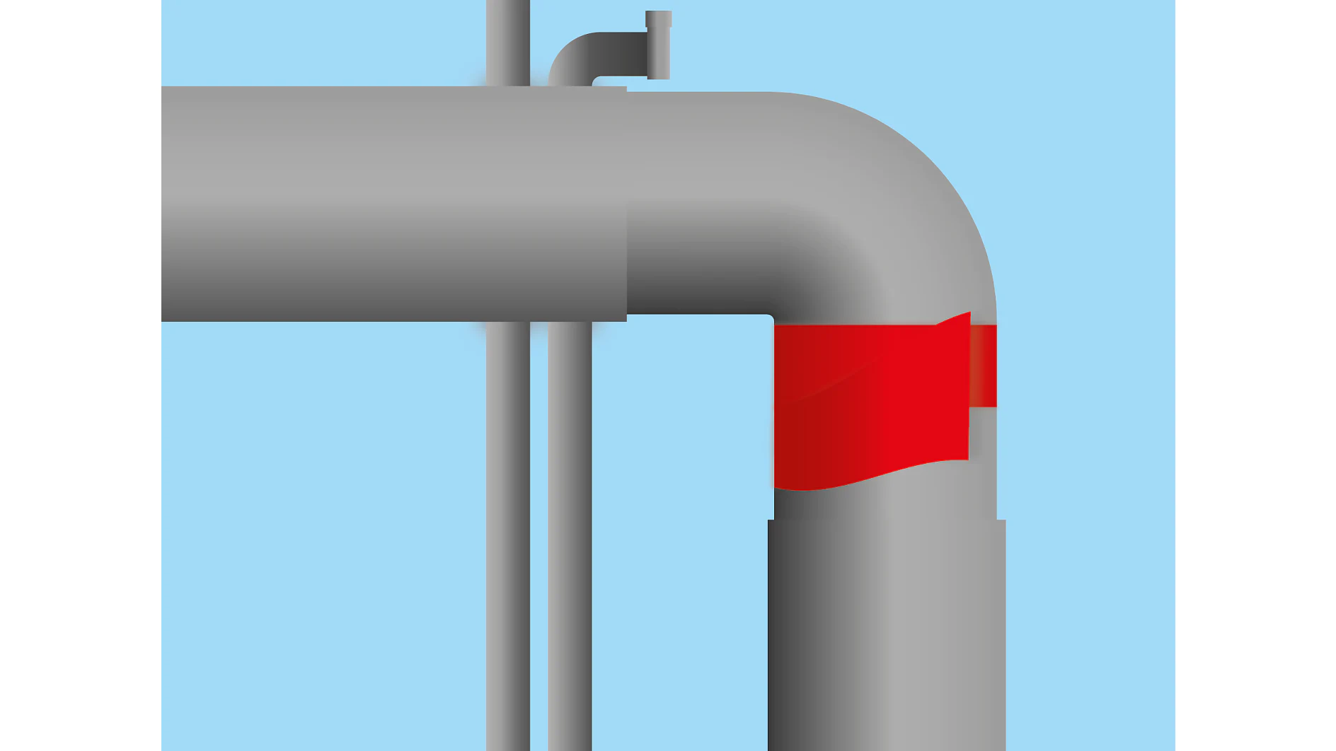A metal pipe with red tesa tape wrapped around a corner joint. The pipe is set against a light blue background. (Acest text a fost generat de inteligența artificială)