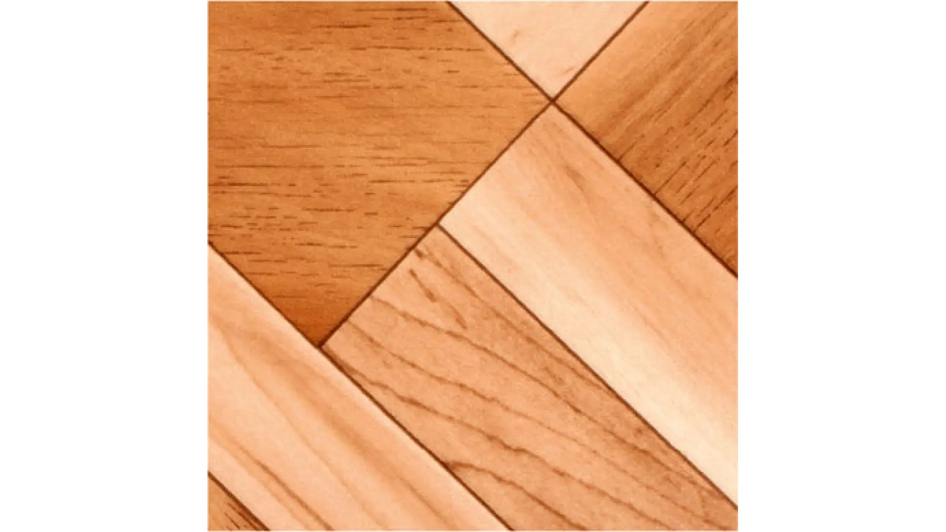 Vedere de aproape a unei pardoseli din lemn cu un model diagonal. Lemnul este lustruit, prezentând variații de ton de la maro deschis la maro mediu, cu granulație și textură vizibile. Modelul creează un desen geometric încrucișat, folosind banda tesa pentru a asigura o aliniere precisă și margini curate. (Acest text a fost generat de inteligența artificială)