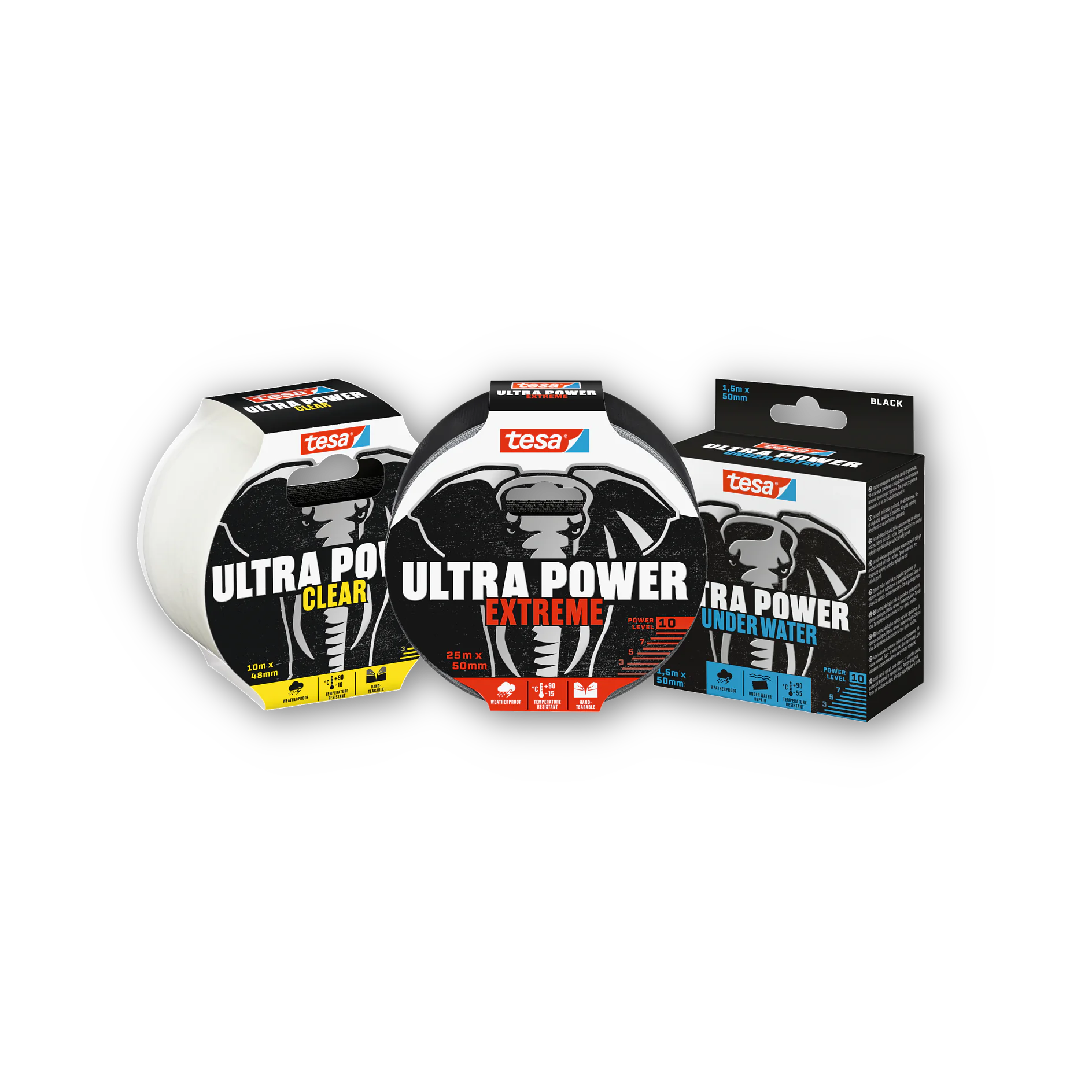 Trei role de bandă tesa Ultra Power sunt afișate pe un fundal negru: Clear Repair în ambalaj galben, Extreme Repair în ambalaj roșu și Underwater Repair în ambalaj albastru, fiecare evidențiind caracteristicile produsului și sigla mărcii. (This text has been generated by AI)