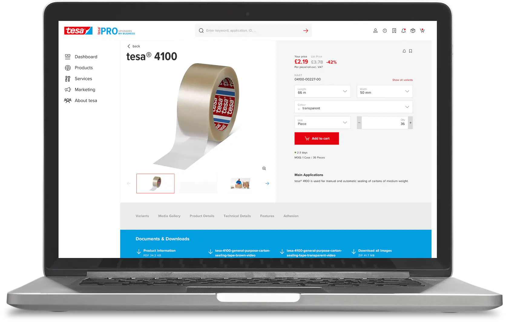 A laptop screen displays an online shopping page for tesa 4100 tesa tape. The product image is in the center, with price details to the right. A red Add to cart button is visible. The sidebar shows navigation links like Dashboard and Products. (Acest text a fost generat de inteligența artificială)