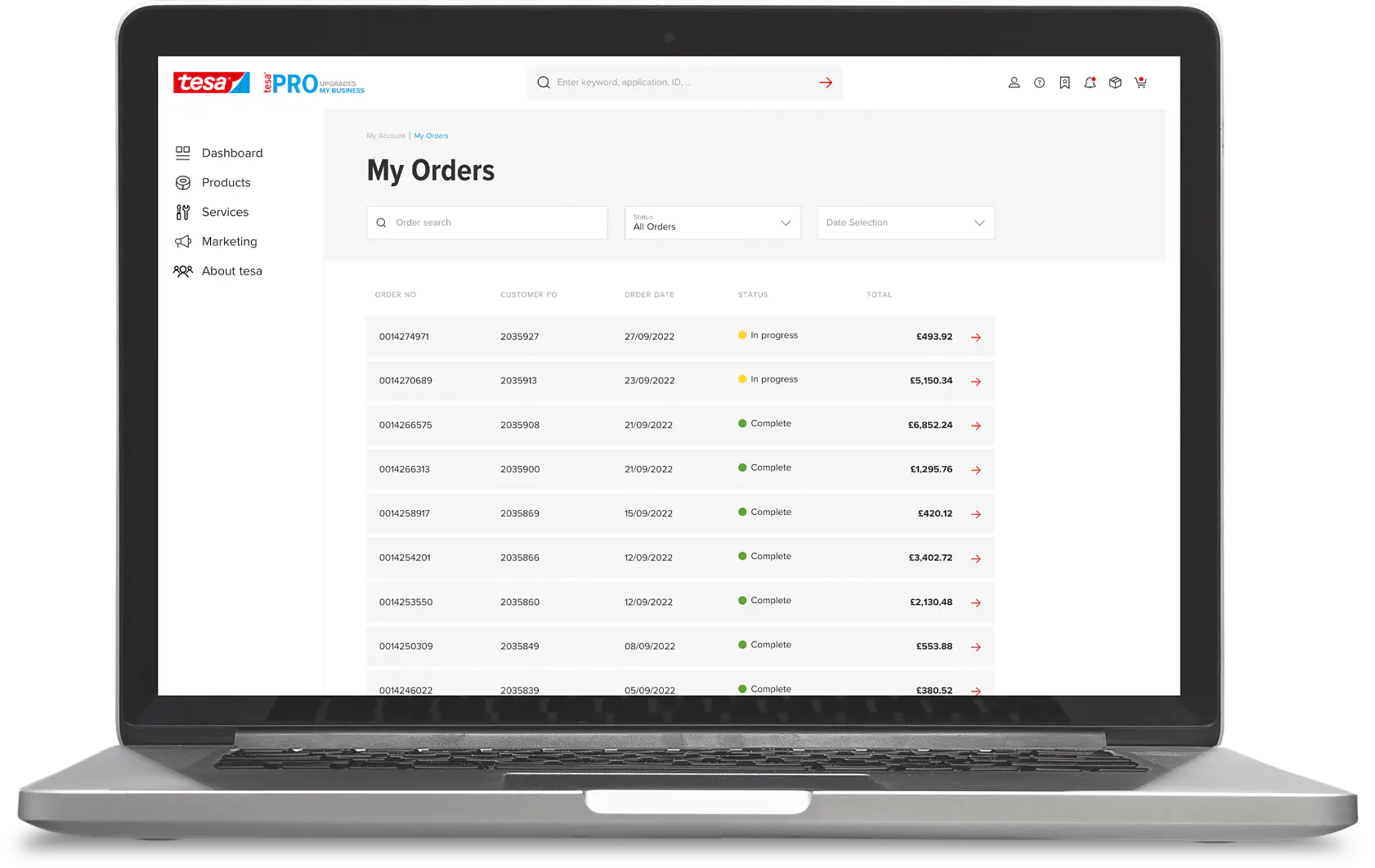 Laptop screen displaying an online order management page titled My Orders. The page lists multiple orders with details such as order numbers, dates, statuses, and total amounts in pounds. The left sidebar menu includes options like Dashboard and Products. (Acest text a fost generat de inteligența artificială)