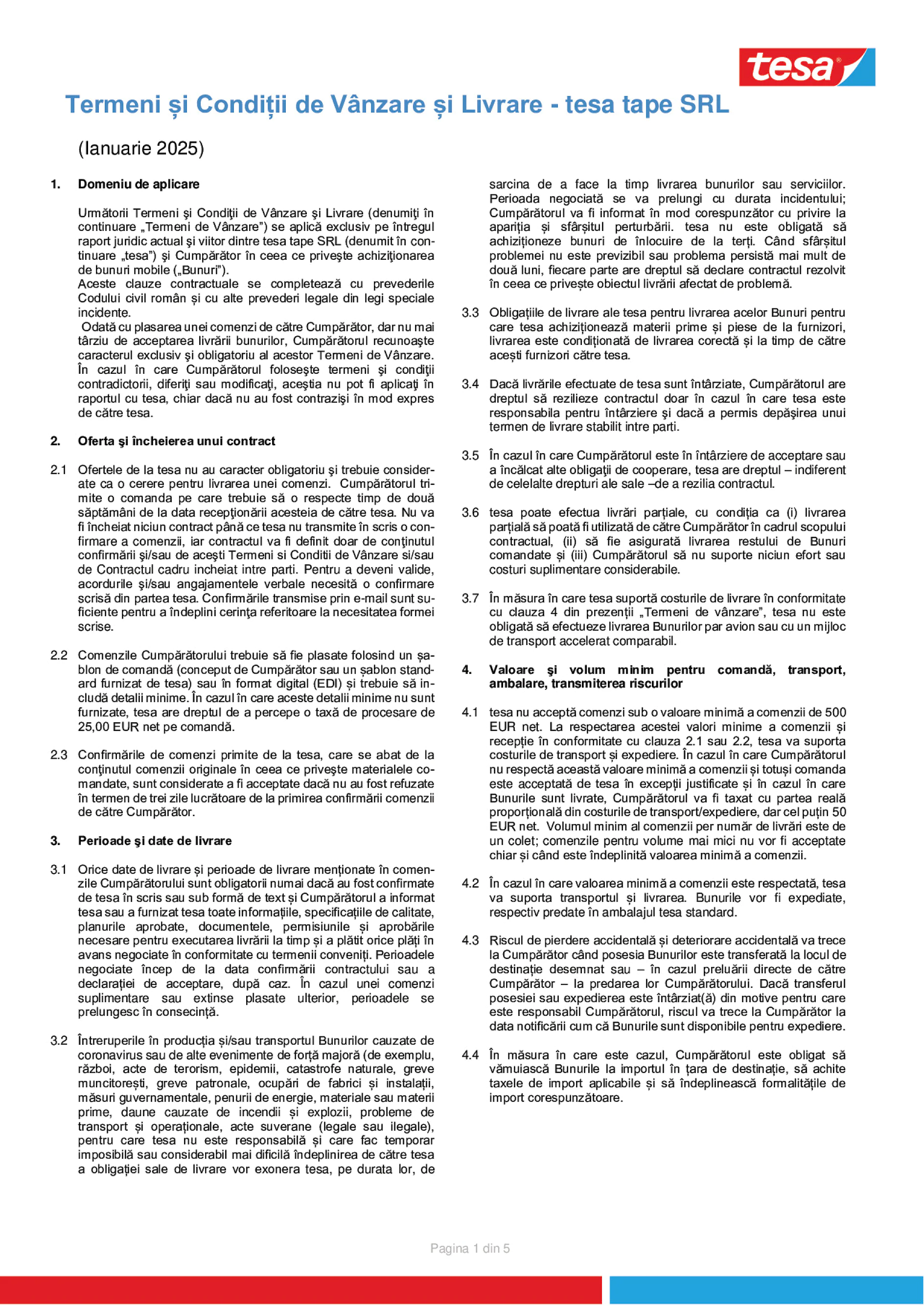 Descrierea termenilor si conditiilor de livrare si vanzare tesa Romania - versiunea in limba Romana
