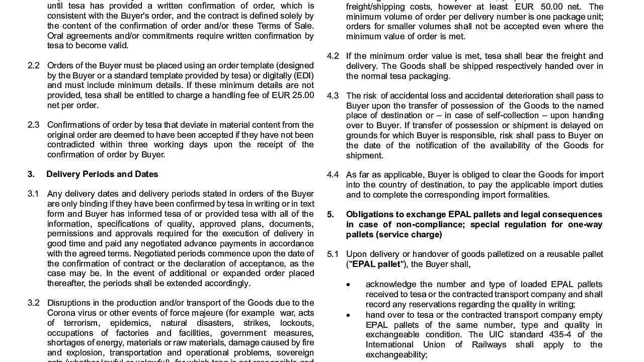 Descriptions of the terms and conditions of sales and delivery tesa Romania